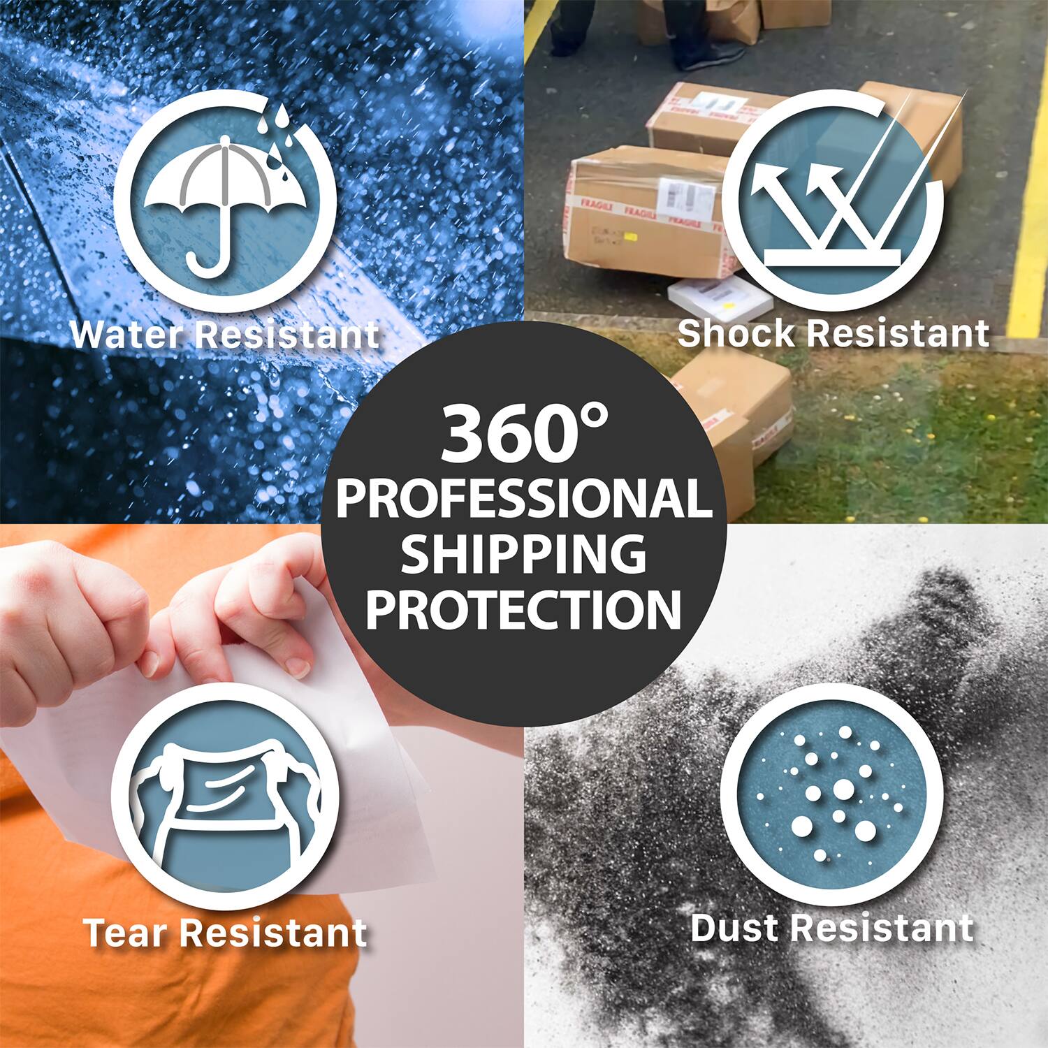 Water Resistant  
Shock Resistant  
Tear Resistant  
Dust Resistant  

360° PROFESSIONAL SHIPPING PROTECTION