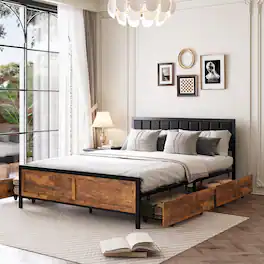 Dyonery - Queen Size Bed Frame, Metal Platform Bed Frame with Wooden Headboard with Rivet, Large Under-Bed Storage. - Brown