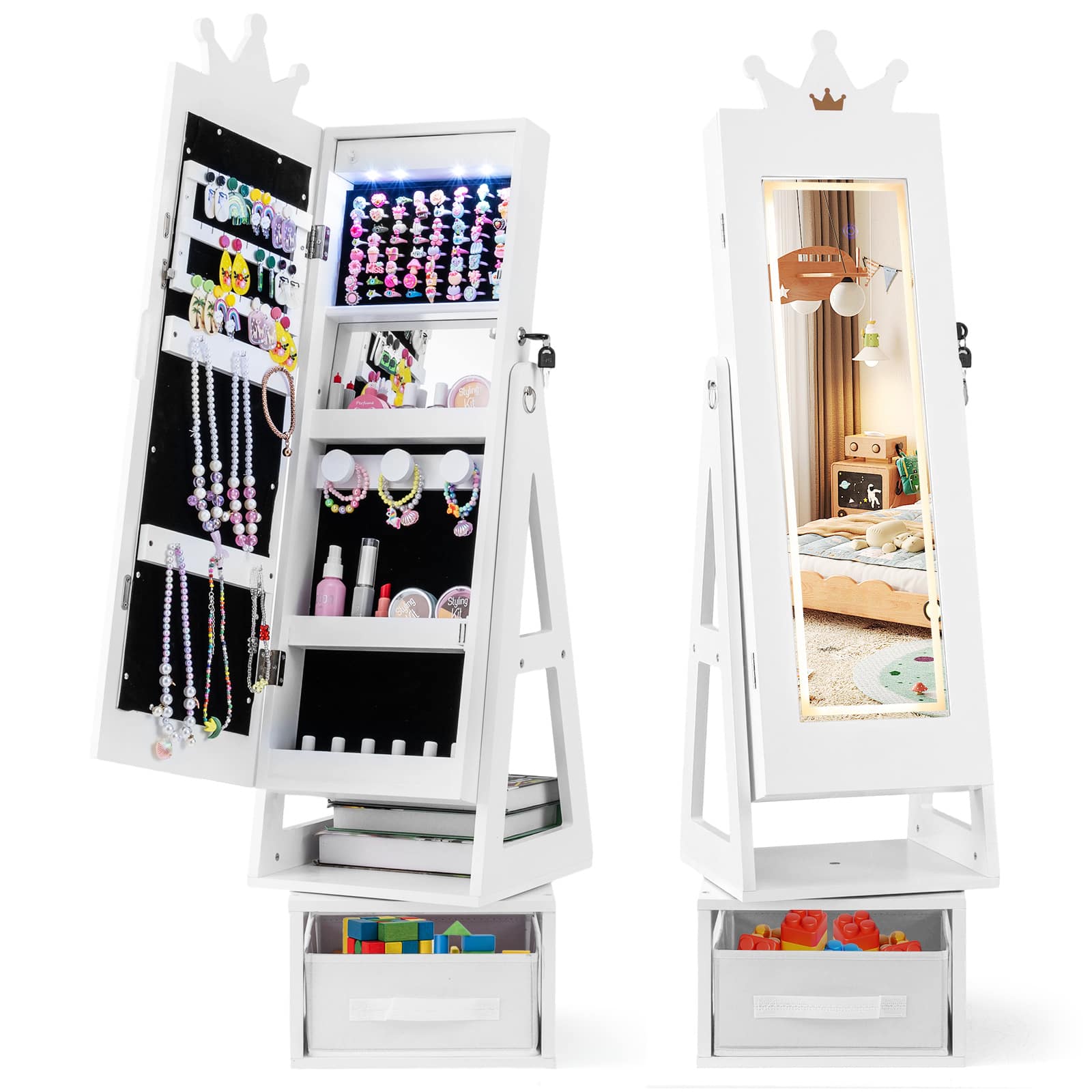Gymax - Swivel Kids Jewelry Cabinet w/ Lights Full-Length Mirror & Built-in Mirror - White