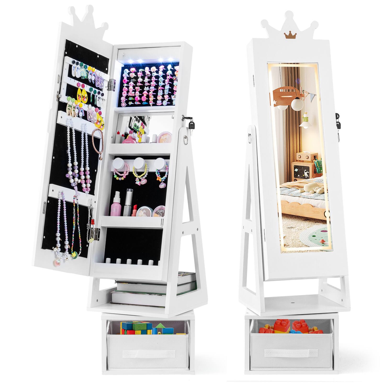 Front. Gymax - Gymax Swivel Kids Jewelry Cabinet w/ Lights Full-Length Mirror & Built-in Mirror - White.