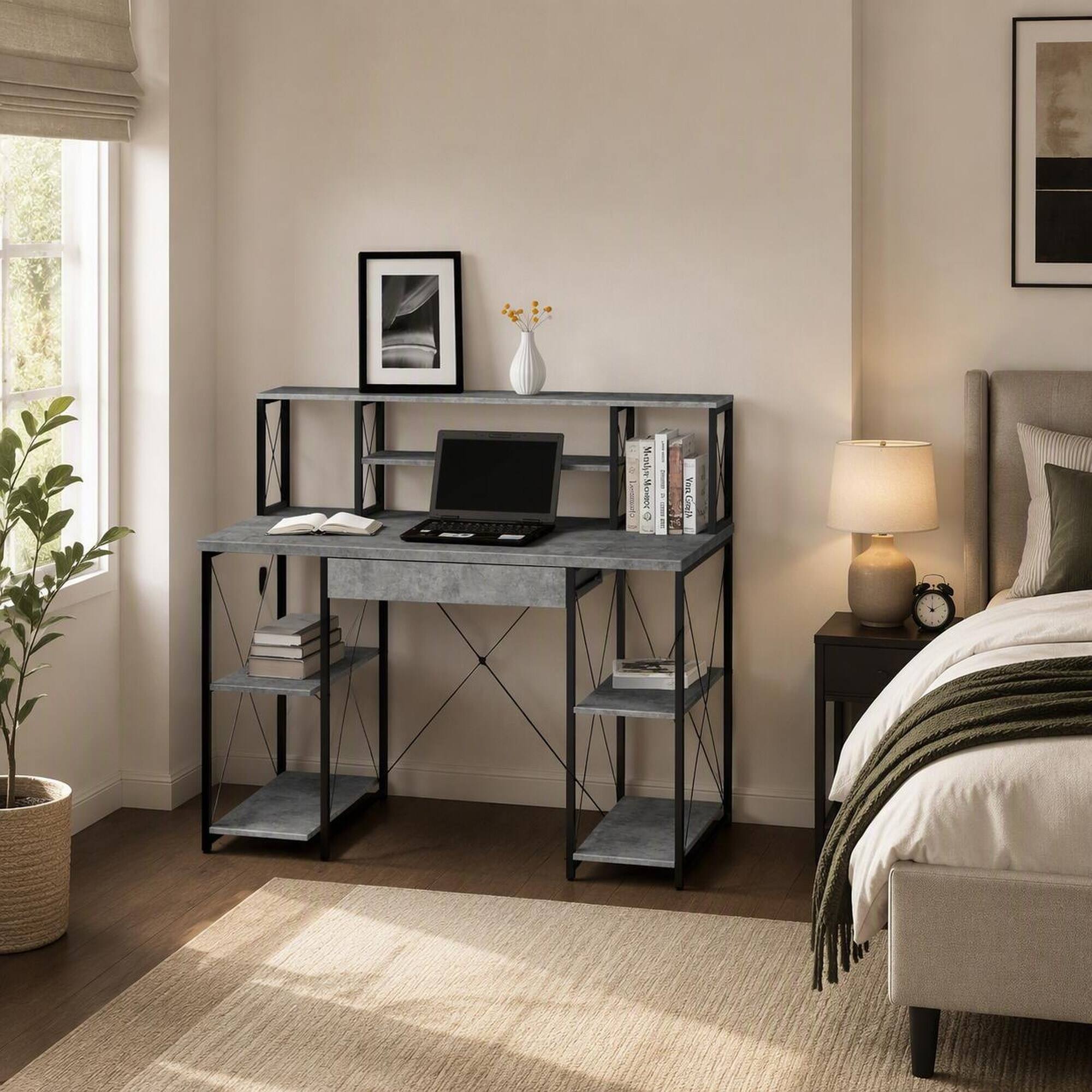 RYHNUYNE Grey and Black Office Desk, Open Shelves, Hutch, 1 Drawer, 8 ...