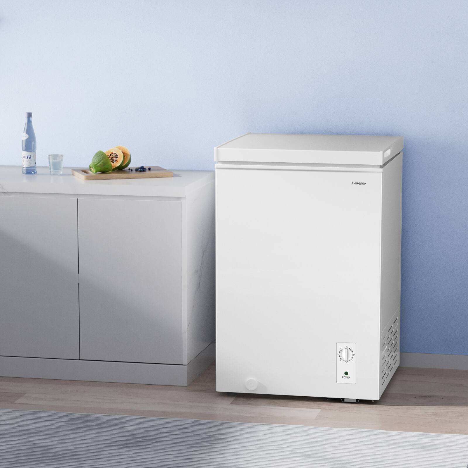 Angle. BANGSON - BANGSON 3.5 Cu.Ft Chest Freezer with Removable Basket & Adjustable Temp, Deep Freezer for Home, Dorms, Apartment, Office - White.