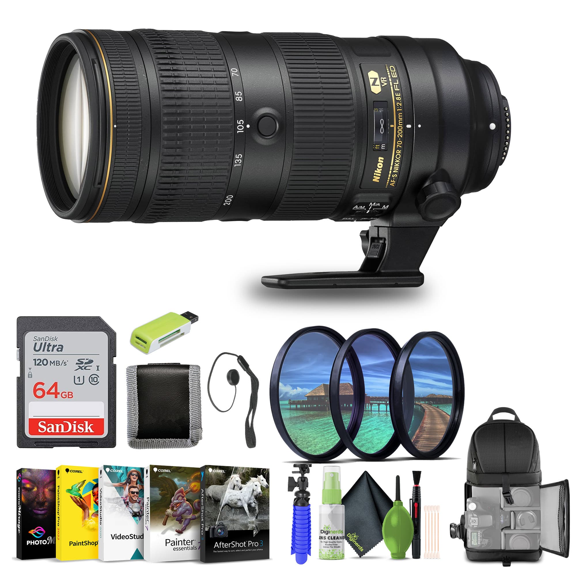 Nikon - AF-S NIKKOR 70-200mm f/2.8E FL ED VR Telephoto Zoom Lens for DSLR Camera - Bundle - Black