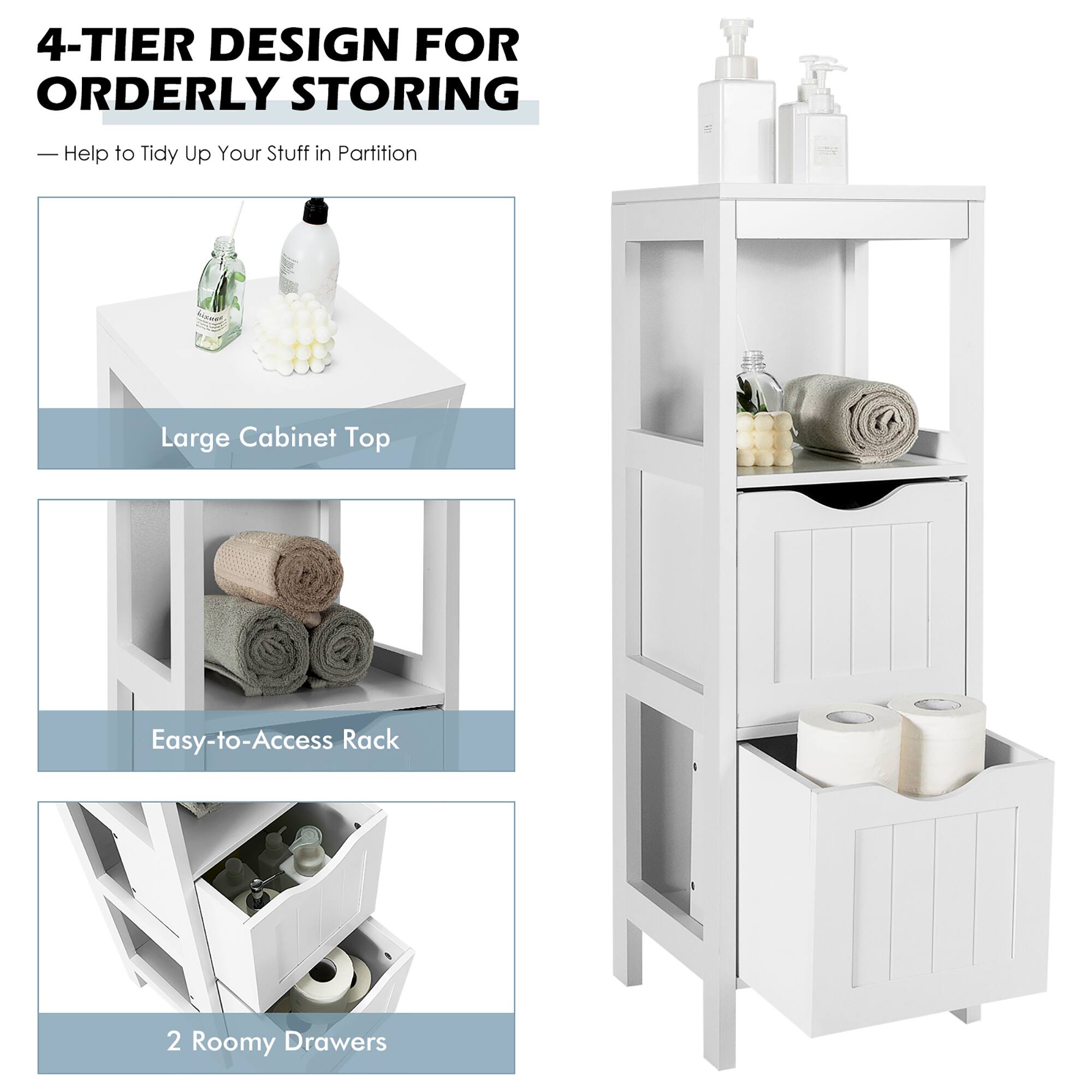 4-TIER DESIGN FOR ORDERLY STORING
Help to Tidy Up Your Stuff in Partition
Large Cabinet Top
Easy-to-Access Rack
2 Roomy Drawers