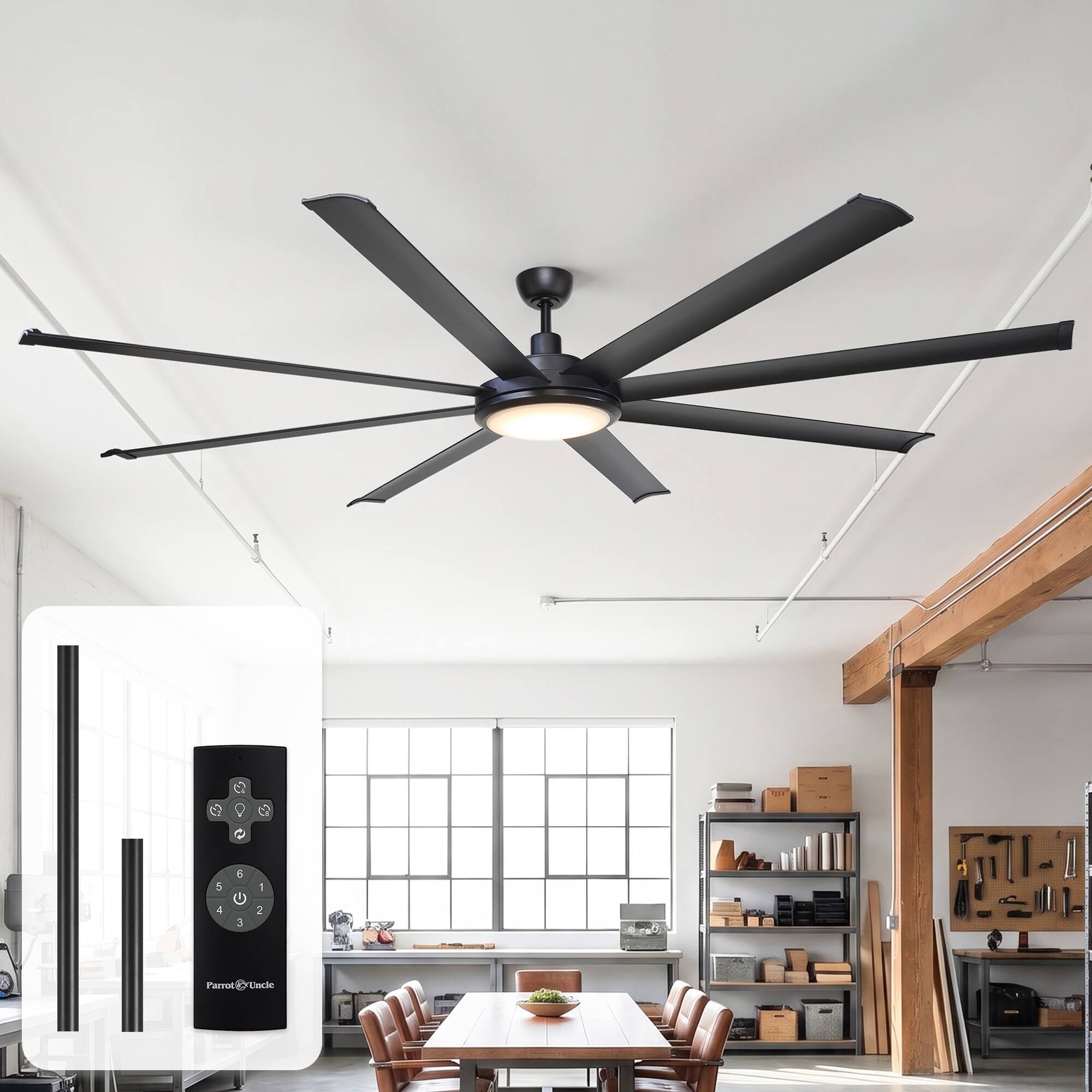 Parrot Uncle - 75-inch Industrial Extra Large Commercial HVLS LED Ceiling Fan with 8 Aluminum Blades and Remote Control - Black