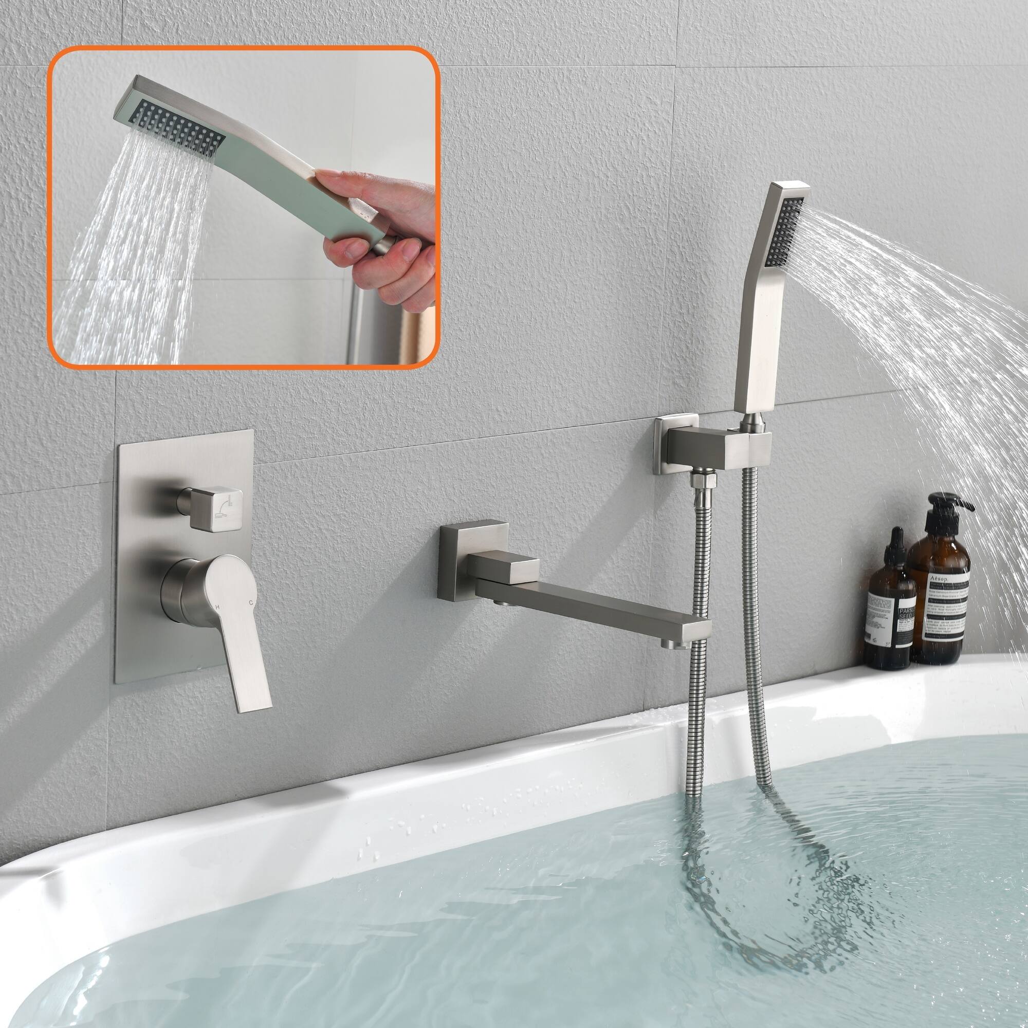 Alt View 4. Boyel Living - Brushed Nickel Wall Mount Bathtub Faucet Brass 2-Function Valve 180° Rotating Spout Handheld 60-Inch Hose cUPC - Brushed Nickel.
