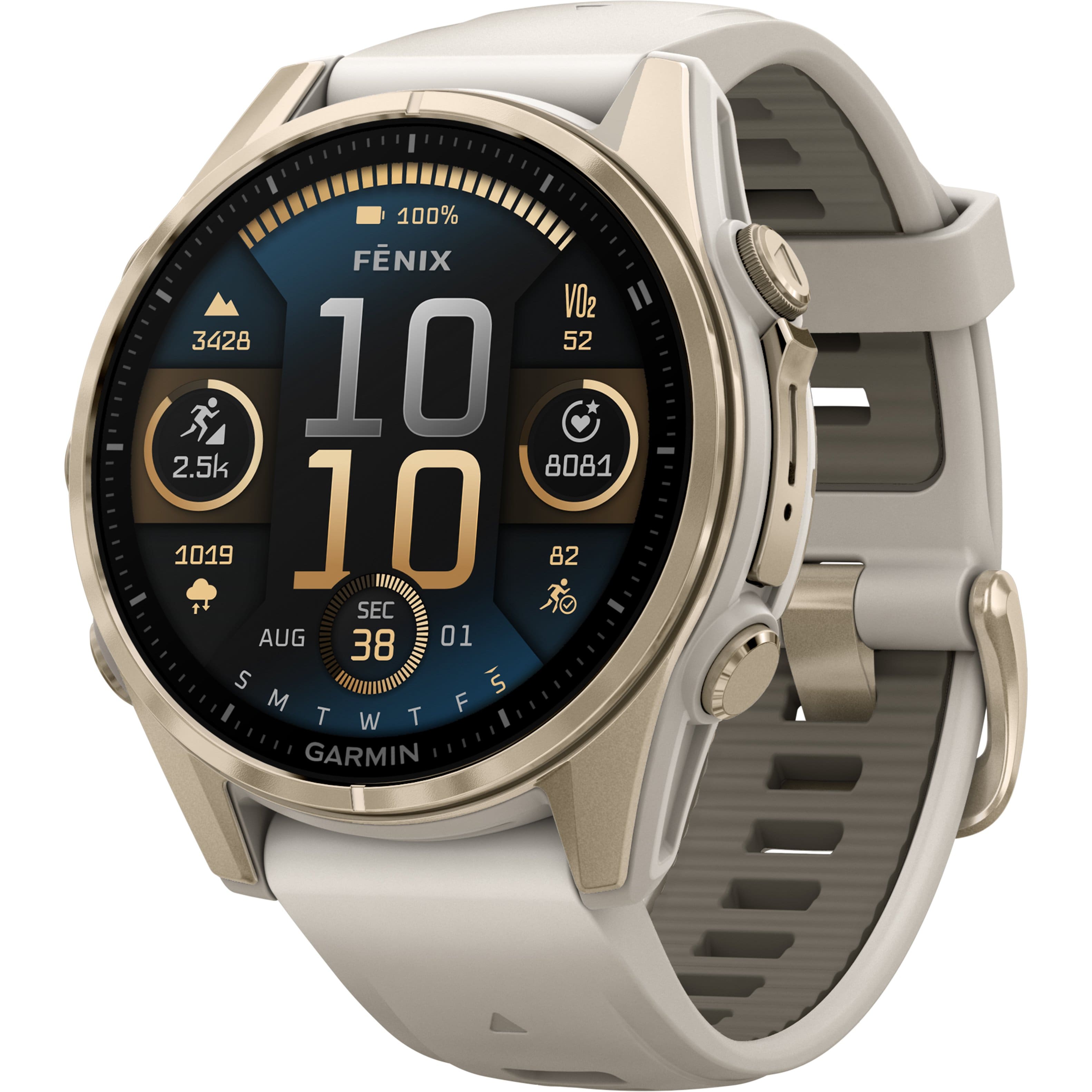 The watch is a Garmin FNIX VO2. It is displaying the time, which is 10:19. The watch also shows the date, which is August 3rd. The watch is designed to track various fitness metrics, such as VO2 max, which is currently at 34.28. The watch also displays the number of steps taken, which is 2,500.