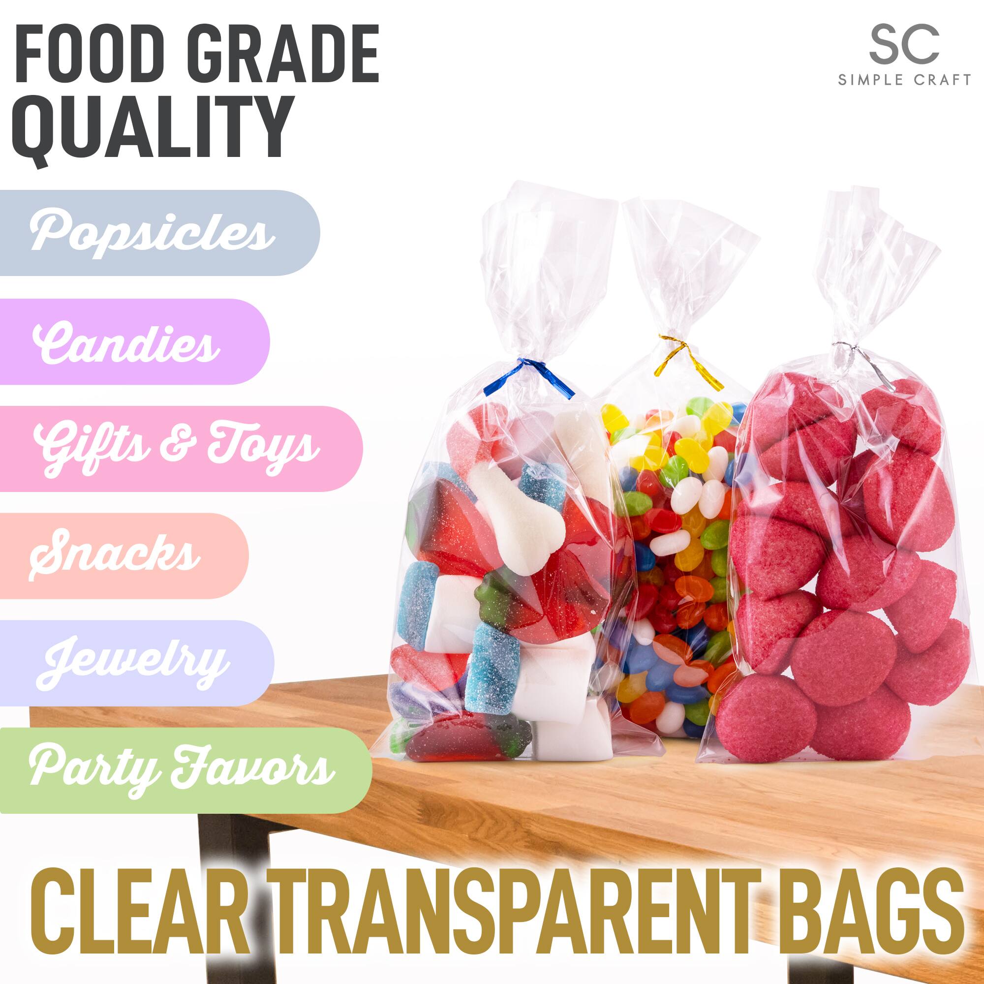 FOOD GRADE QUALITY  
Popsicles  
Candies  
Gifts & Toys  
Snacks  
Jewelry  
Party Favors  

CLEAR TRANSPARENT BAGS  

SC  
SIMPLE CRAFT