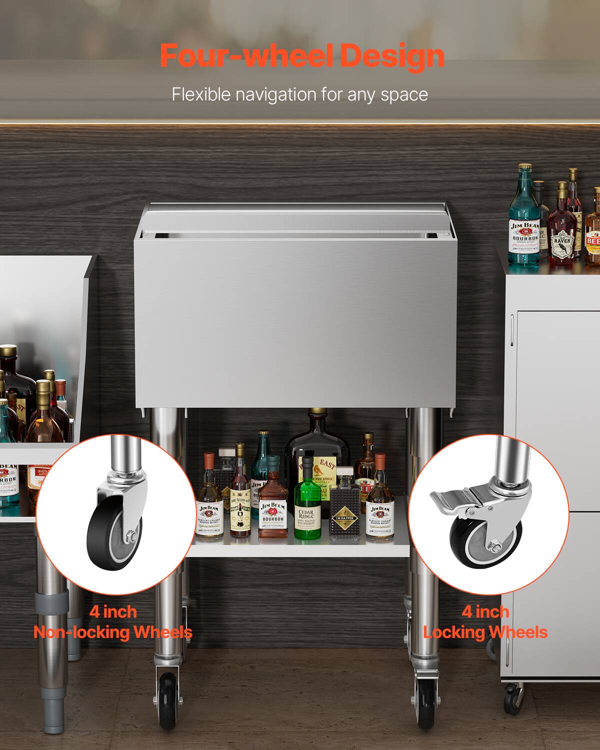 Four-wheel Design  
Flexible navigation for any space  

4 inch Non-locking Wheels  
4 inch Locking Wheels