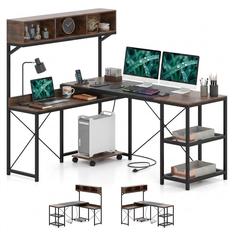 Left. WELLFOR - 62" Reversible L-Shaped Desk with Power Outlets &Hutch,Large Computer Desk with Mobile UPC Stand for Home Office Gaming - Brown.