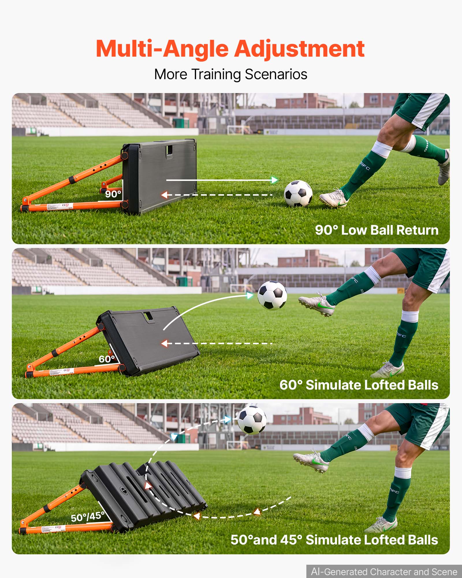 Multi-Angle Adjustment  
More Training Scenarios

90° Low Ball Return

60° Simulate Lofted Balls

50° and 45° Simulate Lofted Balls

AI-Generated Character and Scene