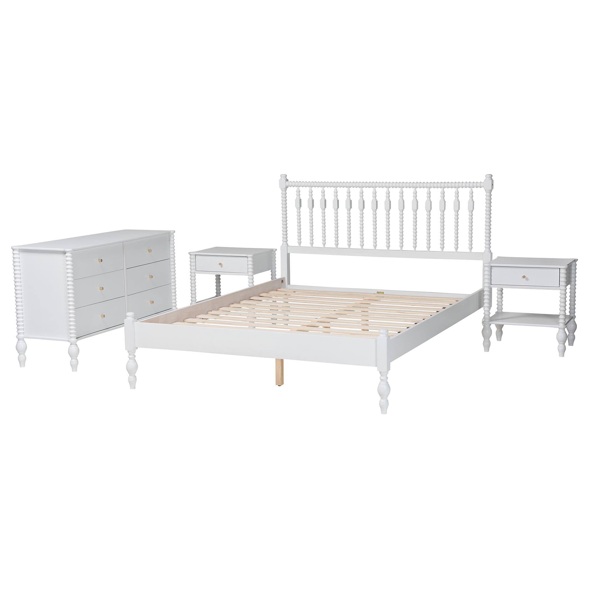 Angle. Baxton Studio - Denita Spindle 4-Piece Bedroom Set - Farmhouse Platform Bed with Matching Dresser and 1-Drawer Nightstands, Queen - White.