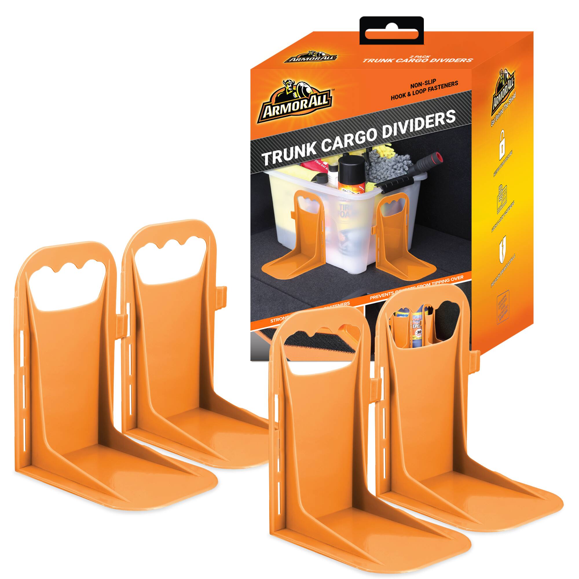 ARMORALL TRUNK CARGO DIVIDERS NON-SLIP FASTENERS a LOOP ALL HOOK Sn ARMORALL DIVIDERS CARGO TRUNK | 0 TIR AO | cnene - T Facn LVEN PREVENTS TIPPING OVER