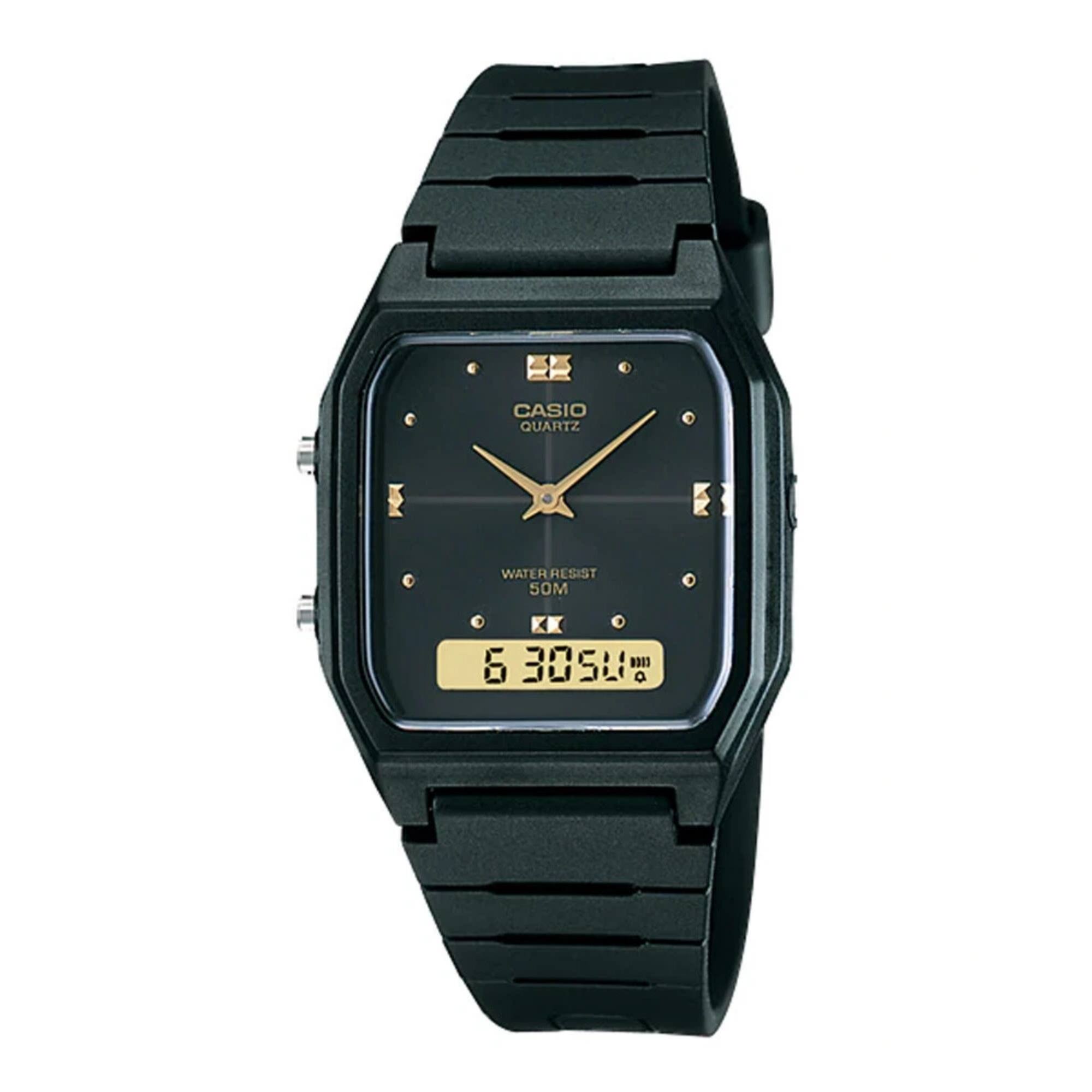 Casio - Men’s Analog Digital Watch with Dial and Gold Accents - AW-48HE-1AV - Black