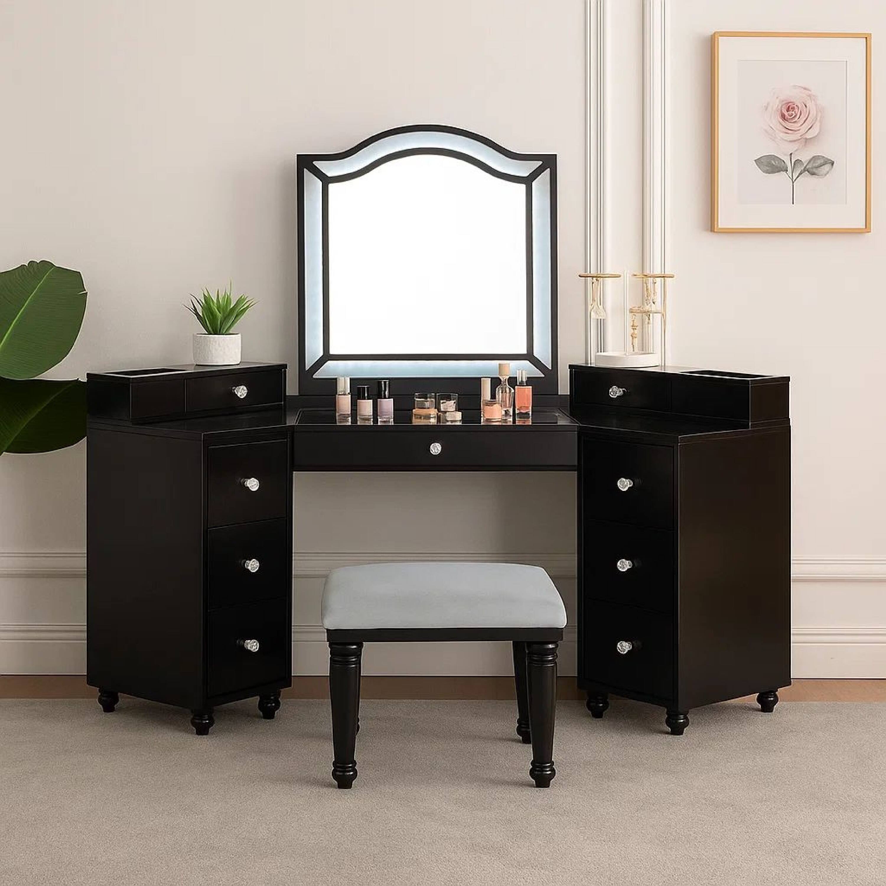 Alt View 5. Manhattan Lane - Gena 3pc Vanity Set with Stool, Glass Top Table, LED Mirror - Obsidian Gray, Clear.