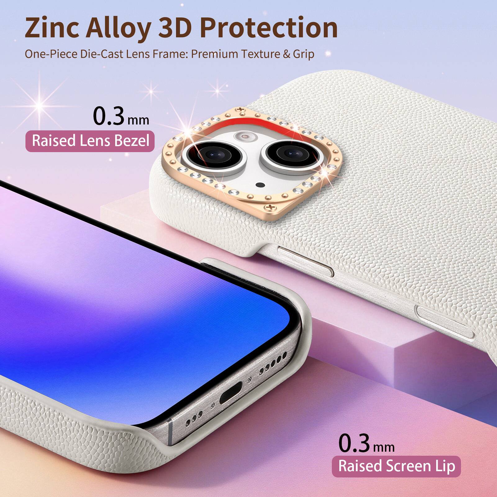 Zinc Alloy 3D Protection  
One-Piece Die-Cast Lens Frame: Premium Texture & Grip  
0.3 mm Raised Lens Bezel  
0.3 mm Raised Screen Lip