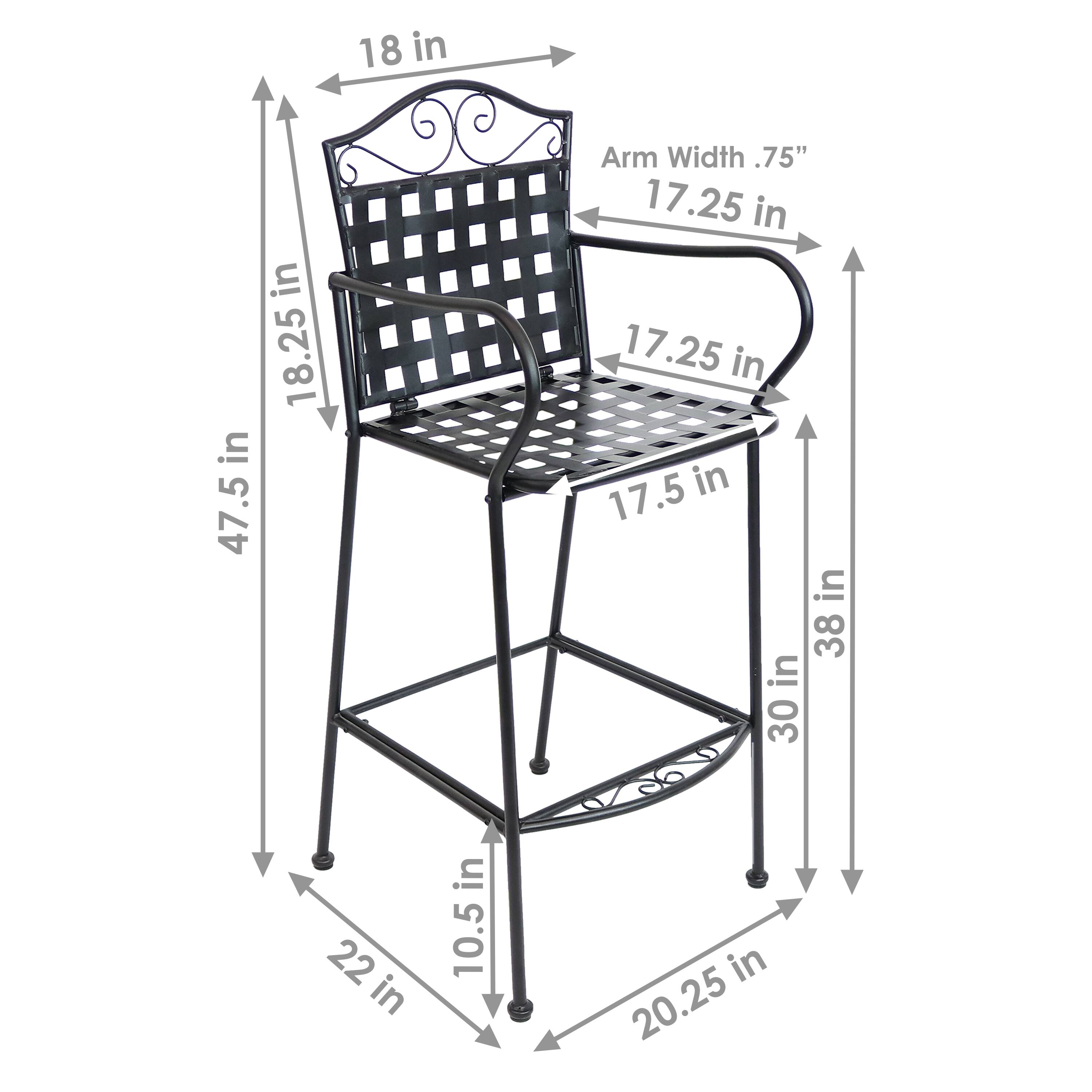 - Height: 47.5 in
- Width: 38 in
- Depth: 30 in
- Seat Height: 18.25 in
- Arm Height: 18 in
- Arm Width: .75"
- Seat Depth: 17.5 in
- Seat Width: 17.25 in
- Armrest Width: 17.25 in
- Leg Width: 22 in
- Leg Depth: 10.5 in
- Base Width: 20.25 in