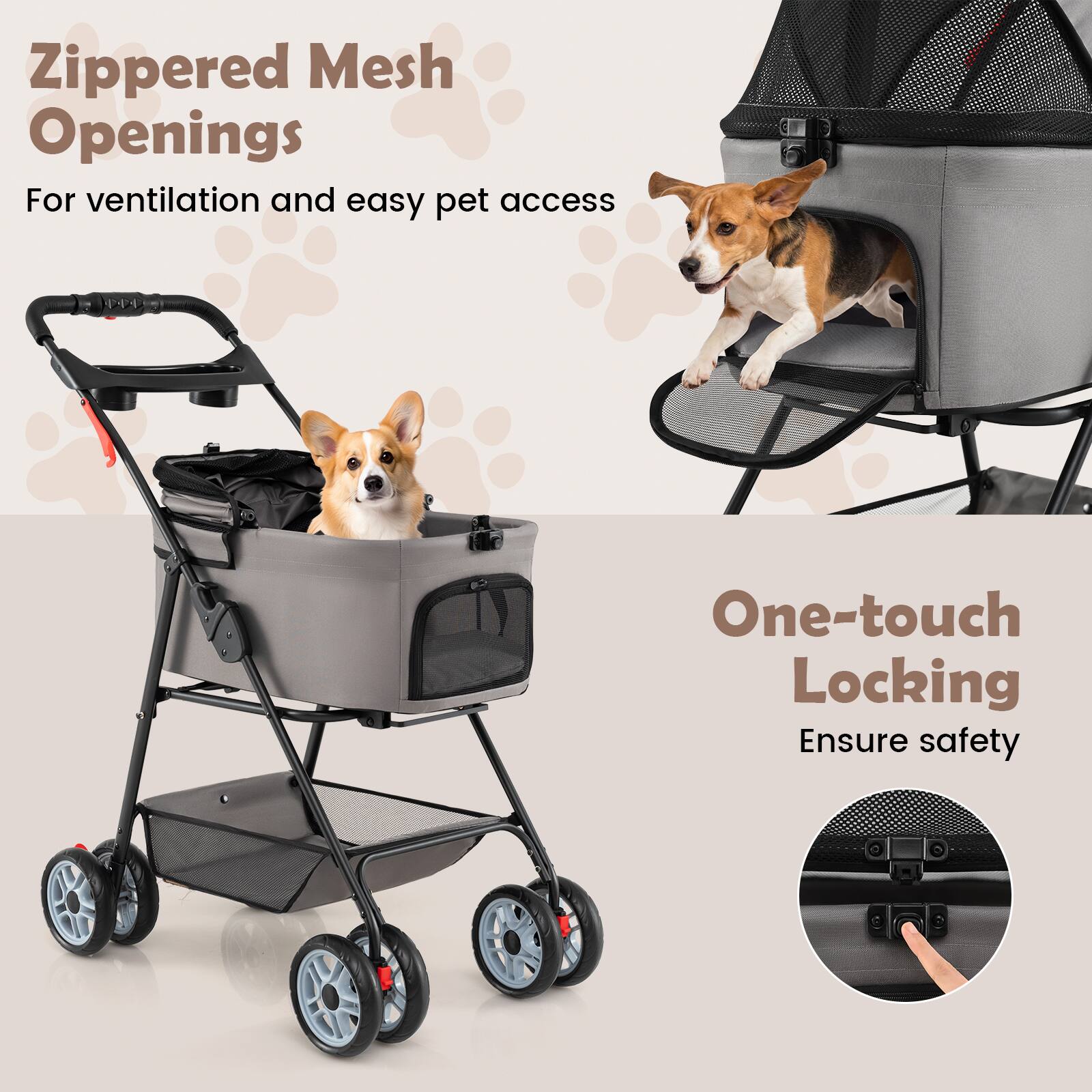 Zippered Mesh Openings  
For ventilation and easy pet access  

One-touch Locking  
Ensure safety