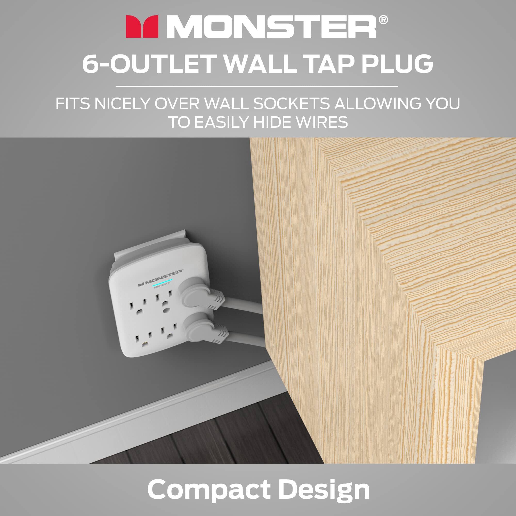 MONSTER®  
6-OUTLET WALL TAP PLUG  
FITS NICELY OVER WALL SOCKETS ALLOWING YOU TO EASILY HIDE WIRES  
Compact Design