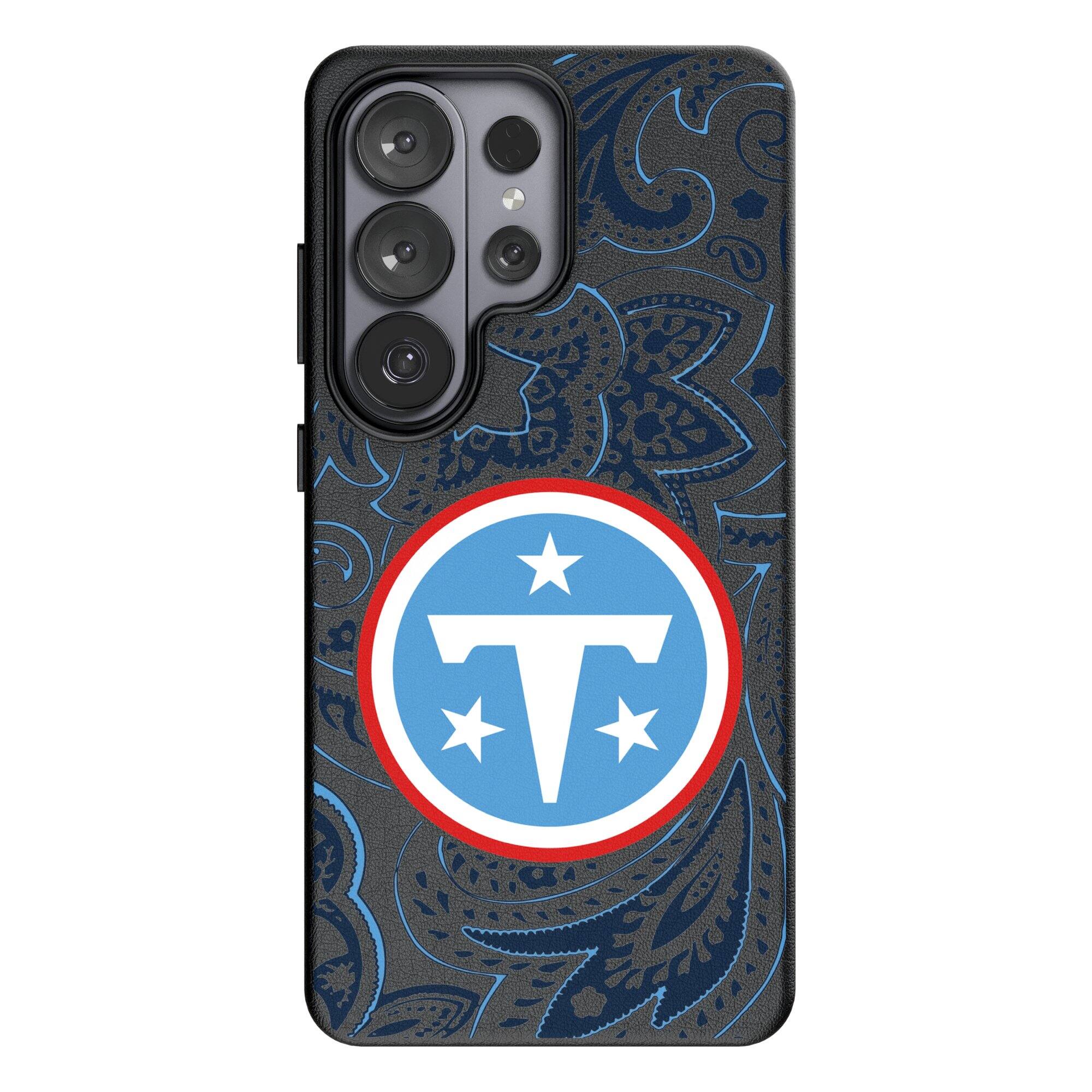 Front. Keyscaper - Tennessee Titans Paisley Galaxy Magnetic Bump Case - S24 Ultra - Black.
