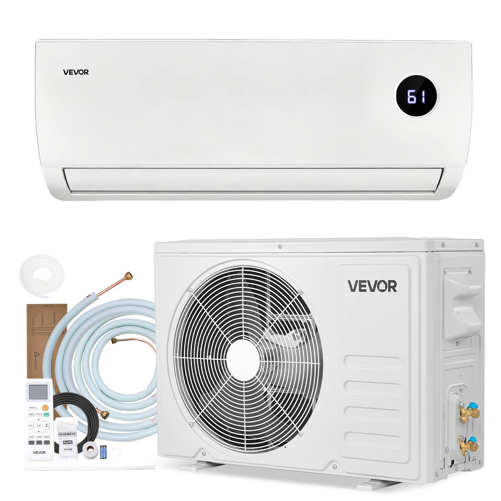 VEVOR - Mini Split Air Conditioner, 9000 BTU 230V Fast Cooling & Heating, 19 SEER2 High Efficiency Energy Saving - White