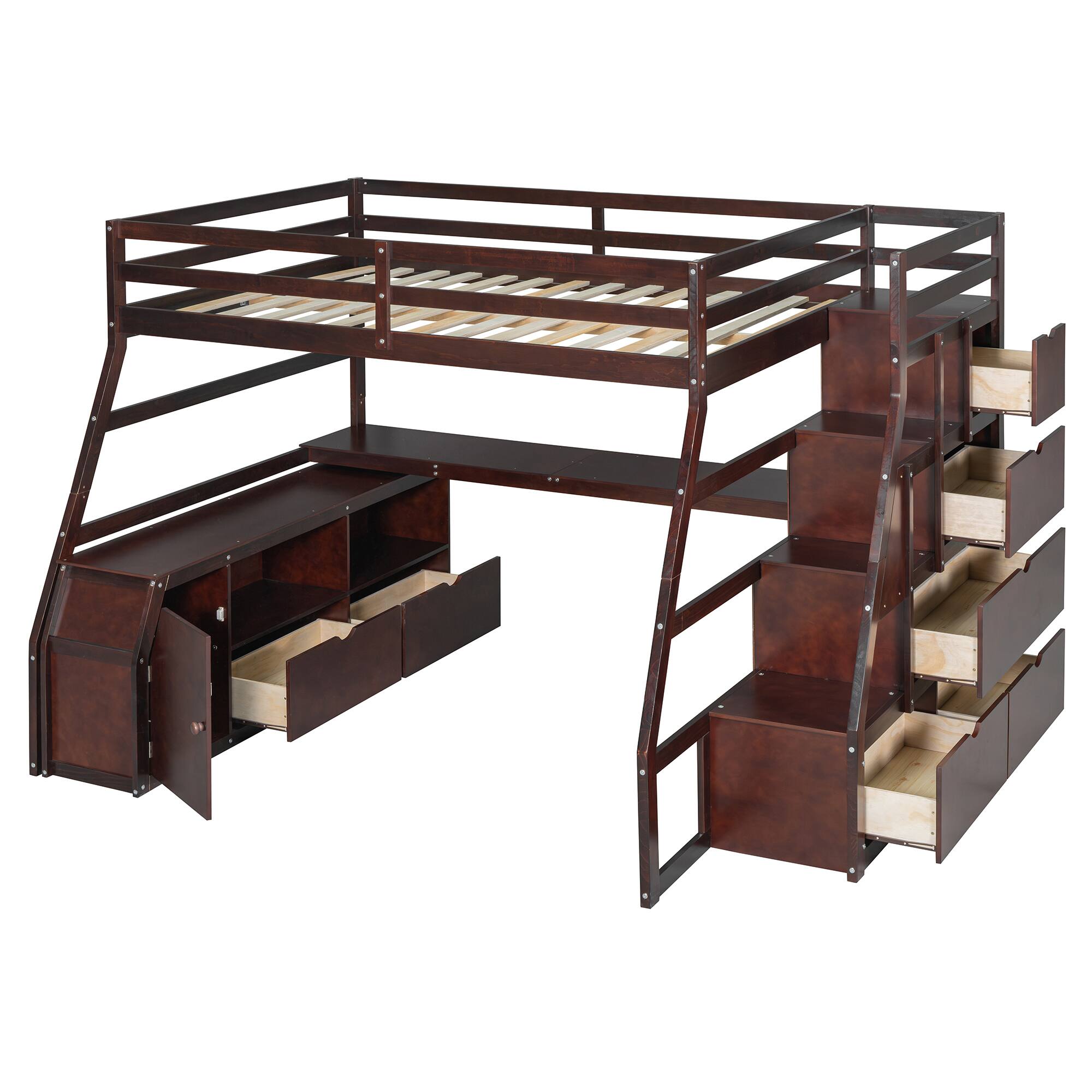 Back. Tiramisubest - Full Size Loft Bed with 7 Drawers, 2 Shelves & Desk - Sturdy, Fun & Functional - Espresso.