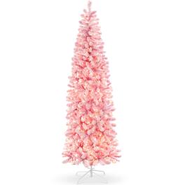 Best Choice Products - 9ft Pre-Lit Artificial Snow Flocked Pencil Christmas Tree Holiday Decoration w/ 500 Lights - Pink