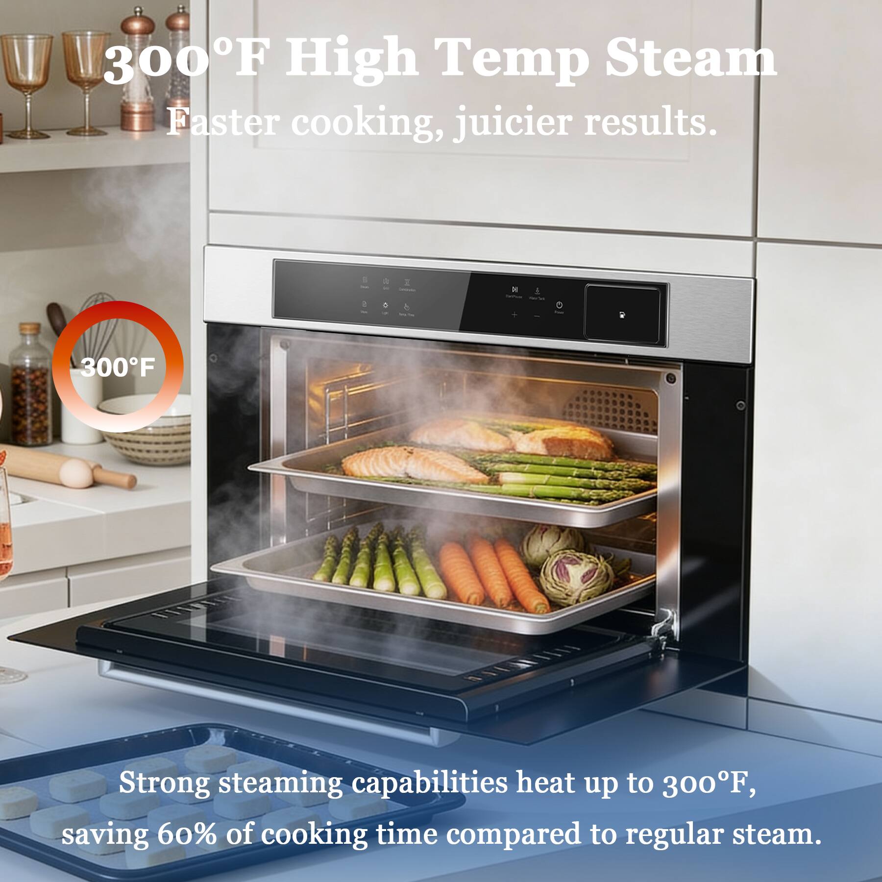 300°F High Temp Steam  
Faster cooking, juicier results.  

Strong steaming capabilities heat up to 300°F, saving 60% of cooking time compared to regular steam.