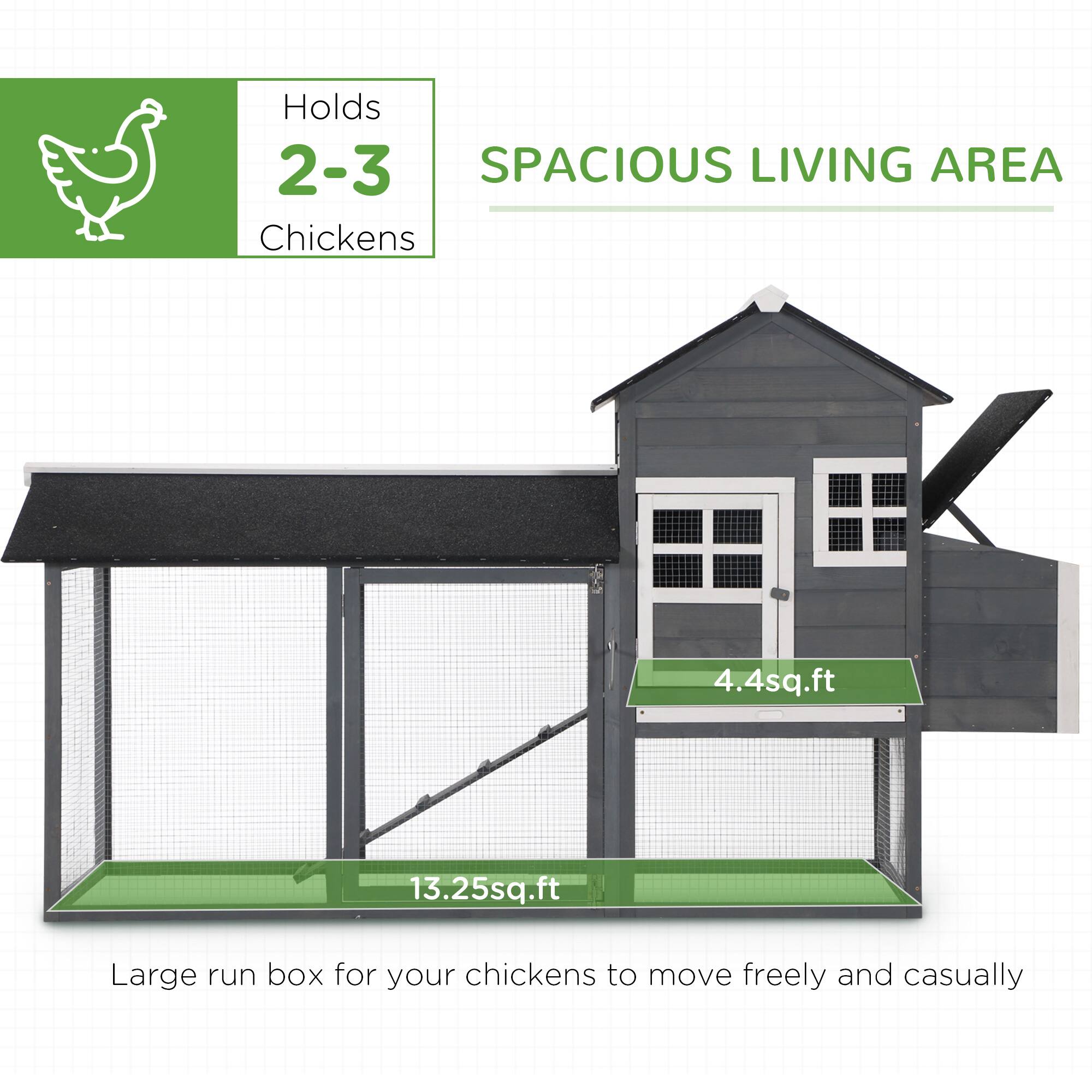 Holds 2-3 Chickens

SPACIOUS LIVING AREA

4.4sq.ft

13.25sq.ft

Large run box for your chickens to move freely and casually