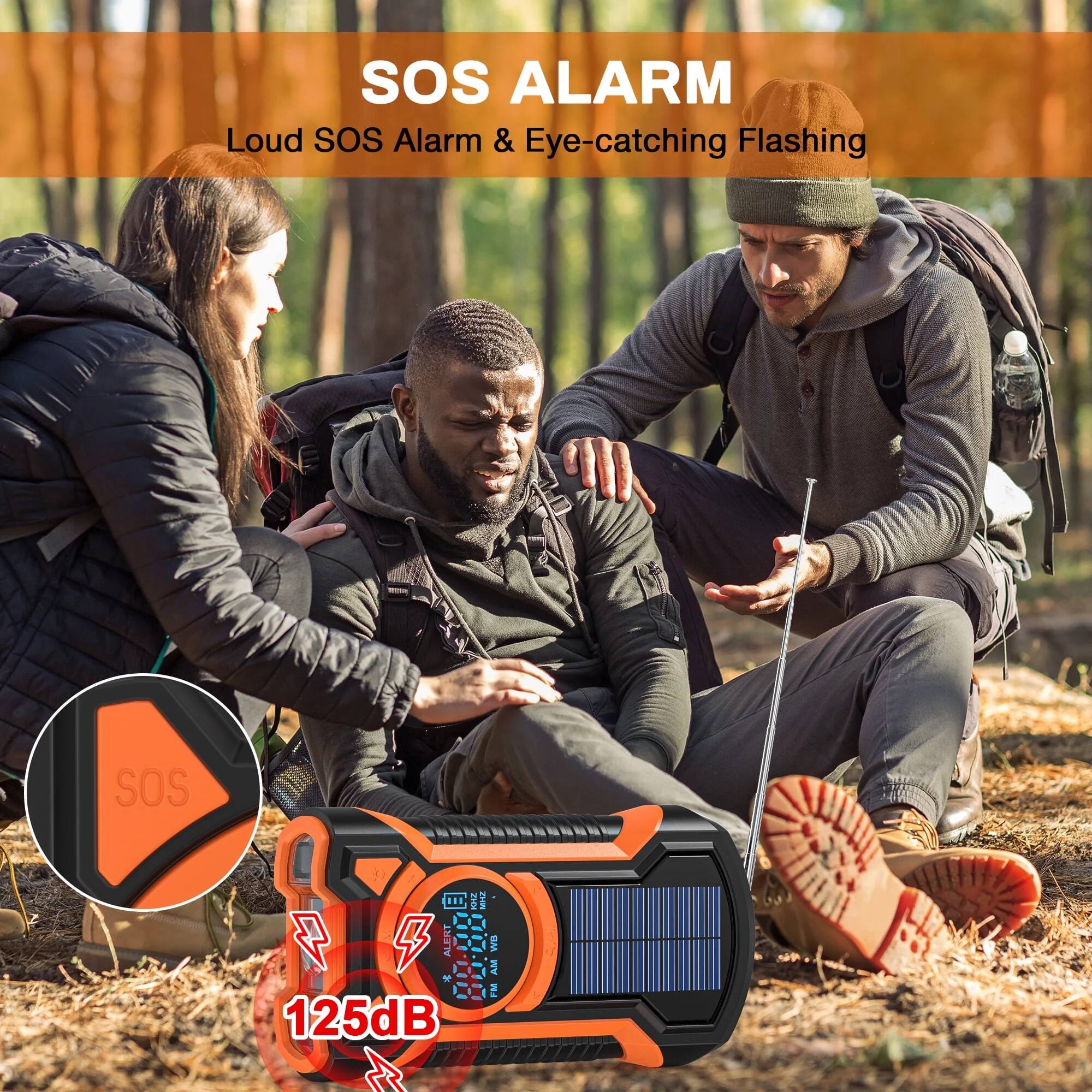 SOS ALARM  
Loud SOS Alarm & Eye-catching Flashing  

125dB