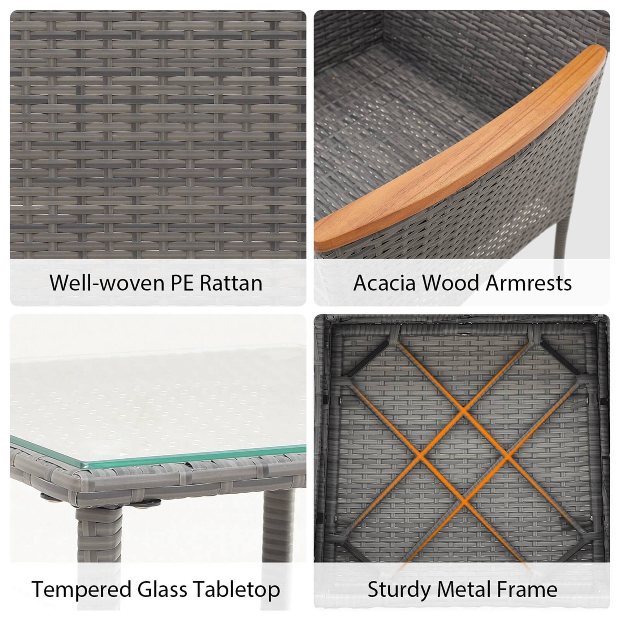 The image features a collection of different furniture items, including a table, a chair, and an ottoman. The table is made of tempered glass, while the chair and ottoman are made of woven PE rattan and acacia wood, respectively. The furniture items are designed to be sturdy and durable, with the metal frame providing additional support. The tabletop is a glass tabletop, which adds a touch of elegance to the overall design.