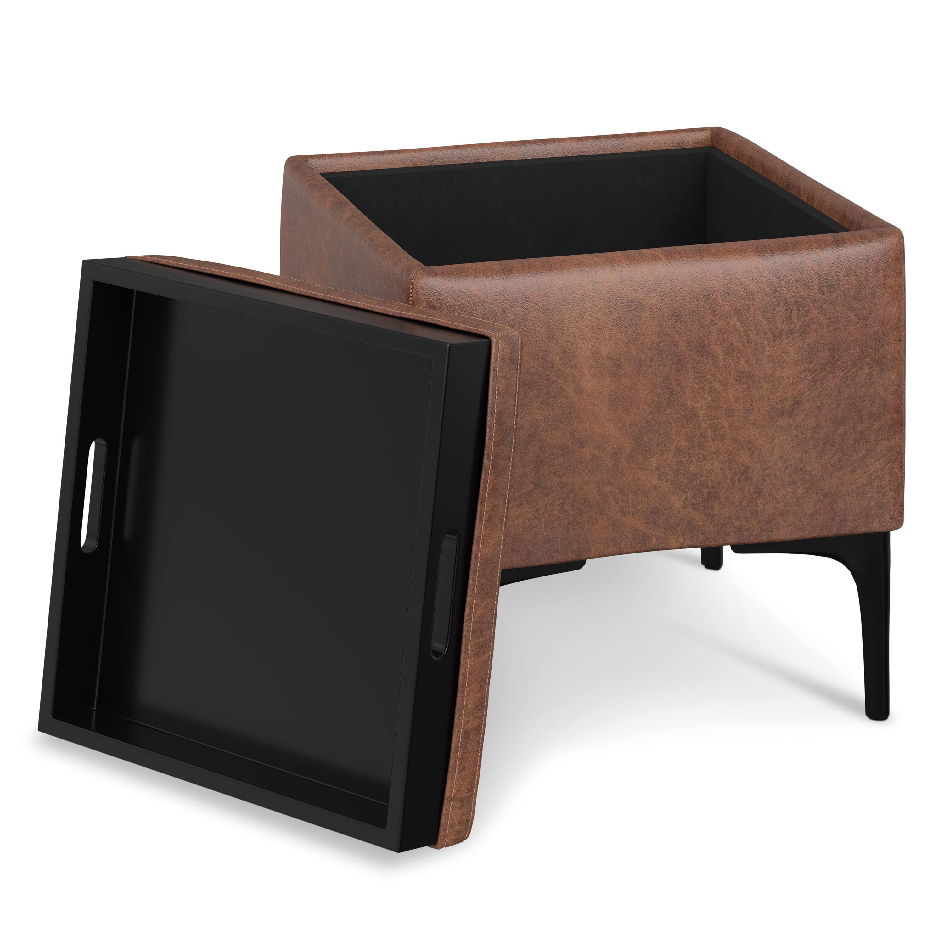 Left. Simpli Home - Natasha 18 inch Square Mid Century Storage Ottoman with Tray in Distressed Saddle Brown  Vegan Faux Leather, Assembled - Distressed Saddle Brown.