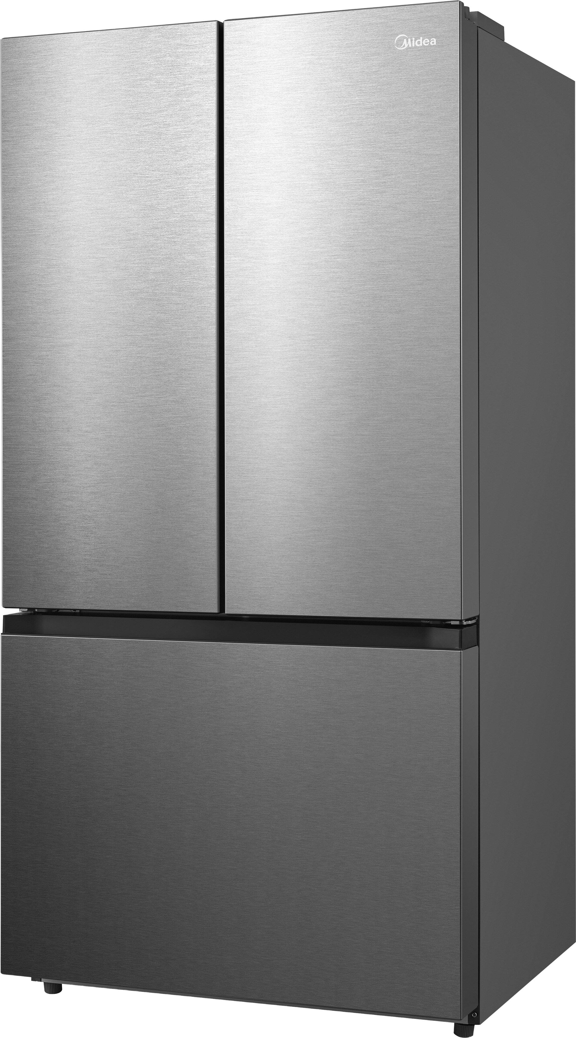 Angle. Midea - 33 in. Wide Counter-Depth PLUS  23 Cu. Ft. French Door Refrigerator + Water2Ways - Stainless Steel.