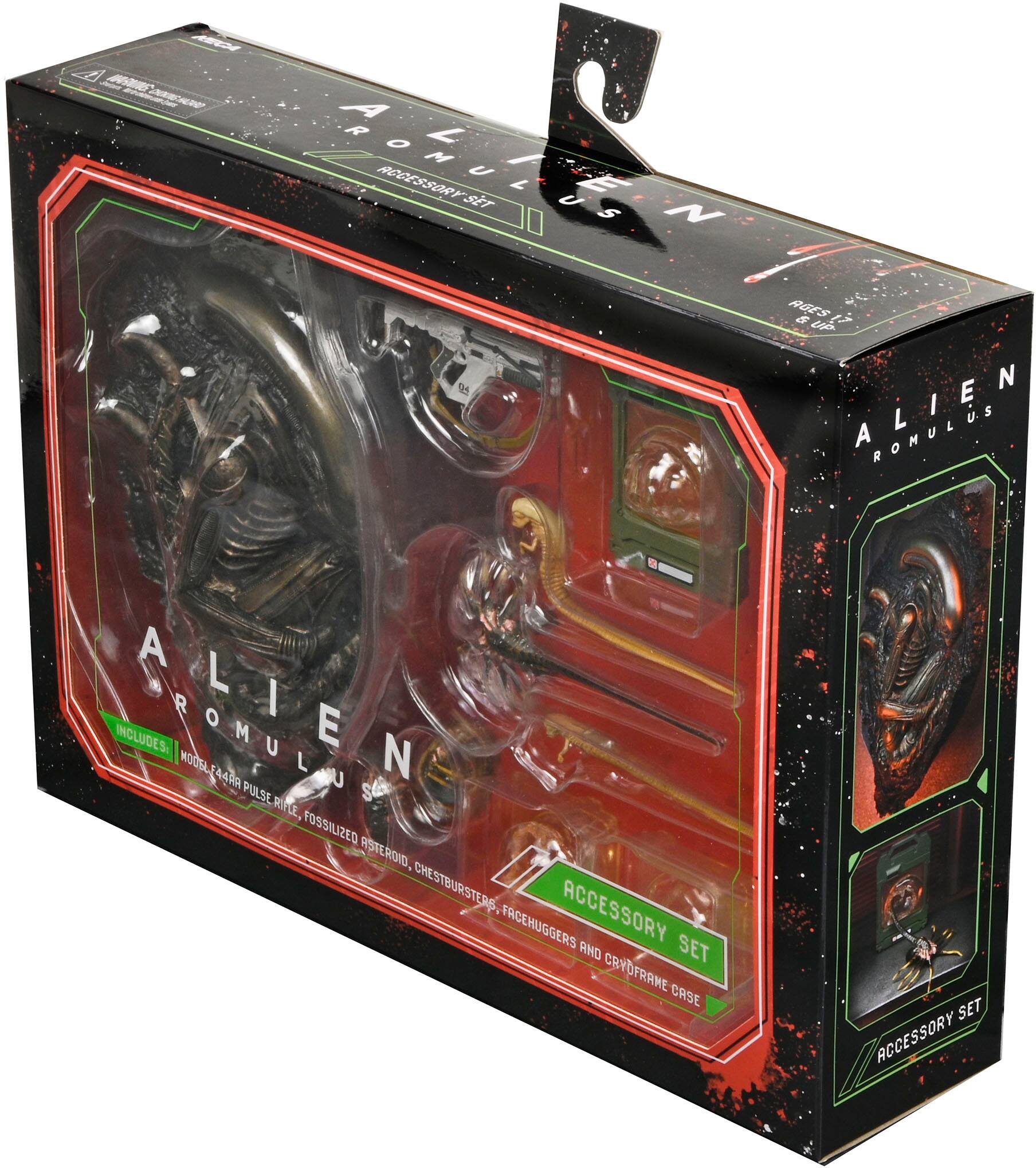 The box contains an Alien Romulus model, which includes a Pulse Rifle, Fossilized Predator, Chestbursters, Facehuggers, and Chestbursters accessory set. The Alien Romulus model is a part of the Alien Resurrection movie set.