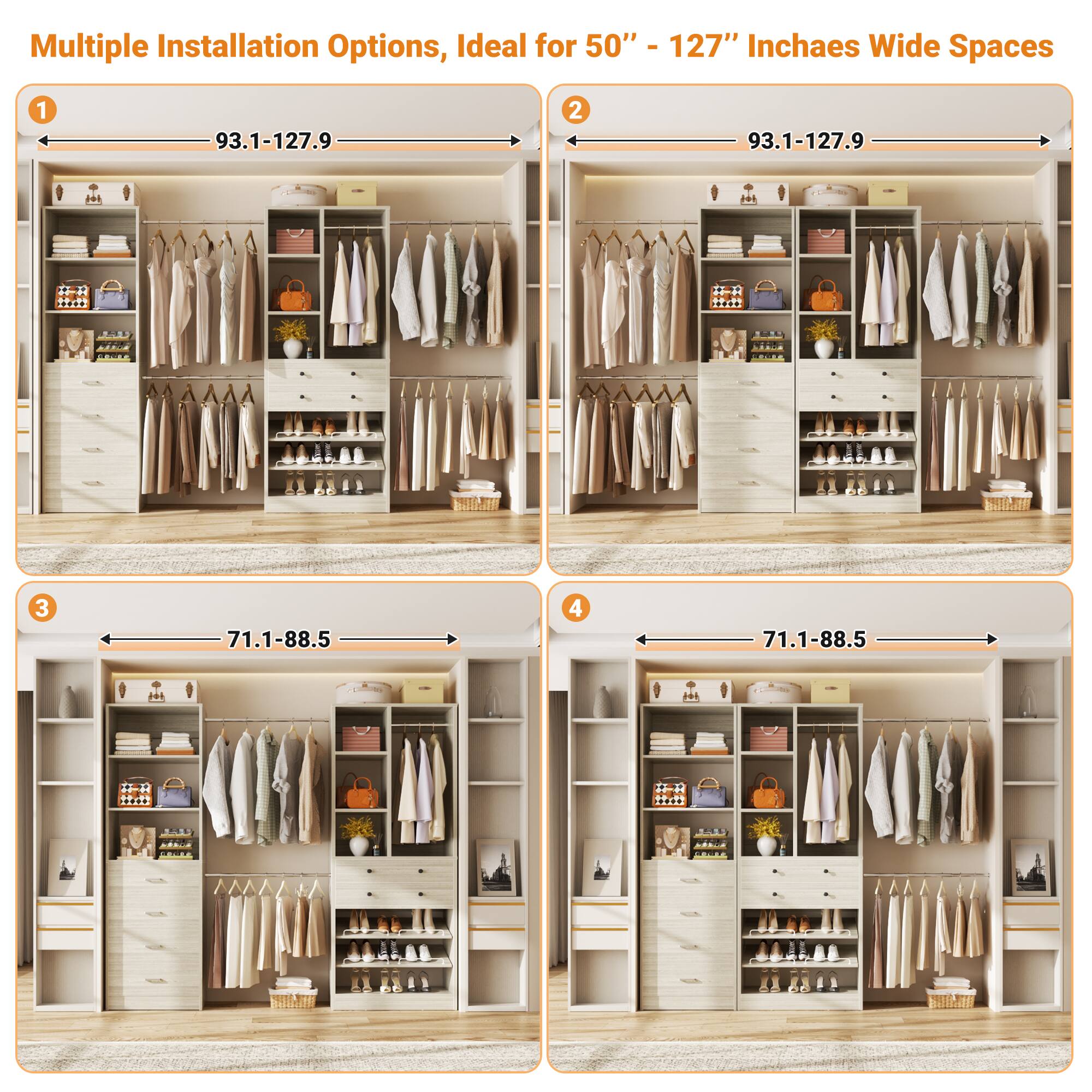 Multiple Installation Options, Ideal for 50" - 127" Inchaes Wide Spaces

1. 93.1-127.9
2. 93.1-127.9
3. 71.1-88.5
4. 71.1-88.5