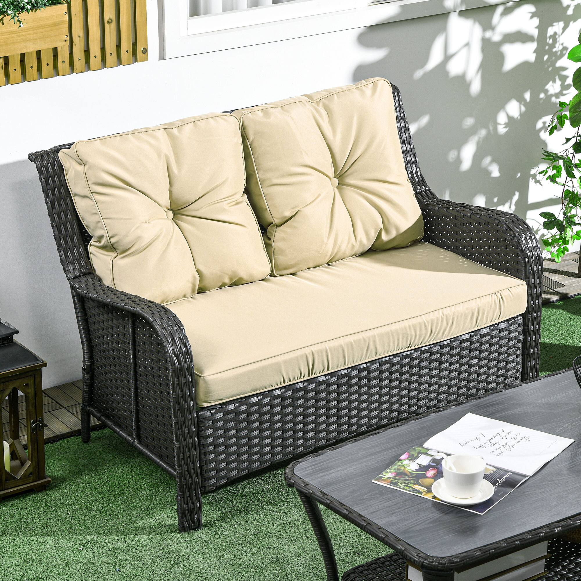 Alt View 1. Outsunny - 2-Seater Outdoor Sofa with 4" Thick Padded Cushions, PE Rattan Patio Outdoor Couch with Curved Armrests - Beige.