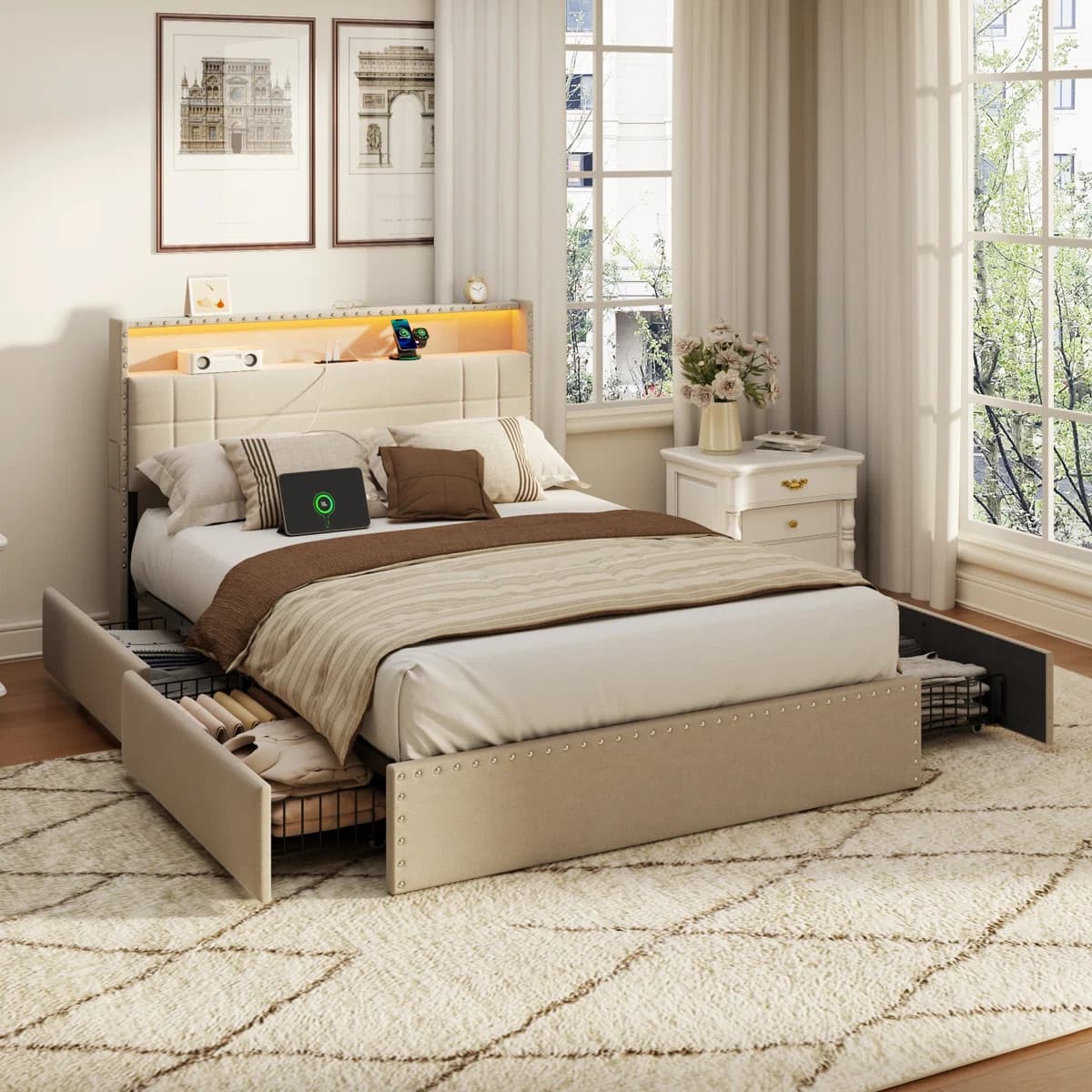 Furnulem - Bed Frame with 4 Drawers and Storage Headboard Upholstered Platform with Charging Station and LED Lights Metal Slats - Beige price history on PriceWatchPro