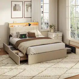 Furnulem - Moden Bed Frame with Charging Station LED Lights Storage Drawers Upholstered Headboard No Box Spring Needed - Beige