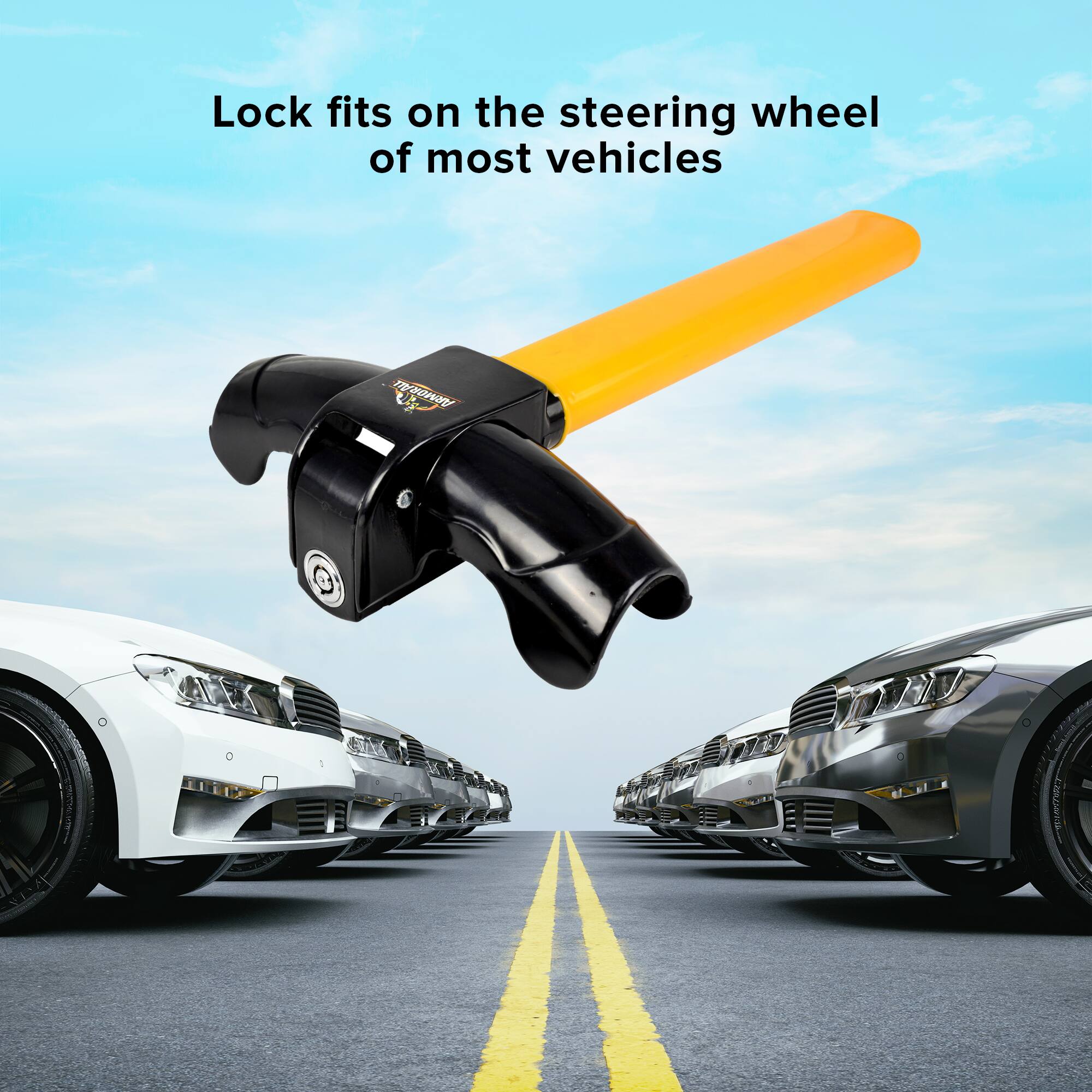 Lock fits on the steering wheel of most vehicles