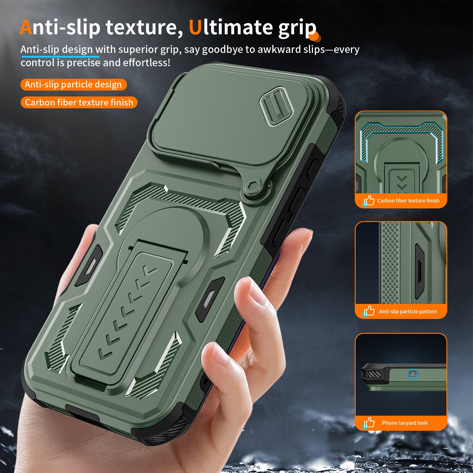 Anti-slip texture, Ultimate grip

Anti-slip design with superior grip, say goodbye to awkward slips—every control is precise and effortless!

- Anti-slip particle design
- Carbon fiber texture finish

- Carbon fiber texture finish
- Anti-slip particle pattern
- Phone lanyard hole
