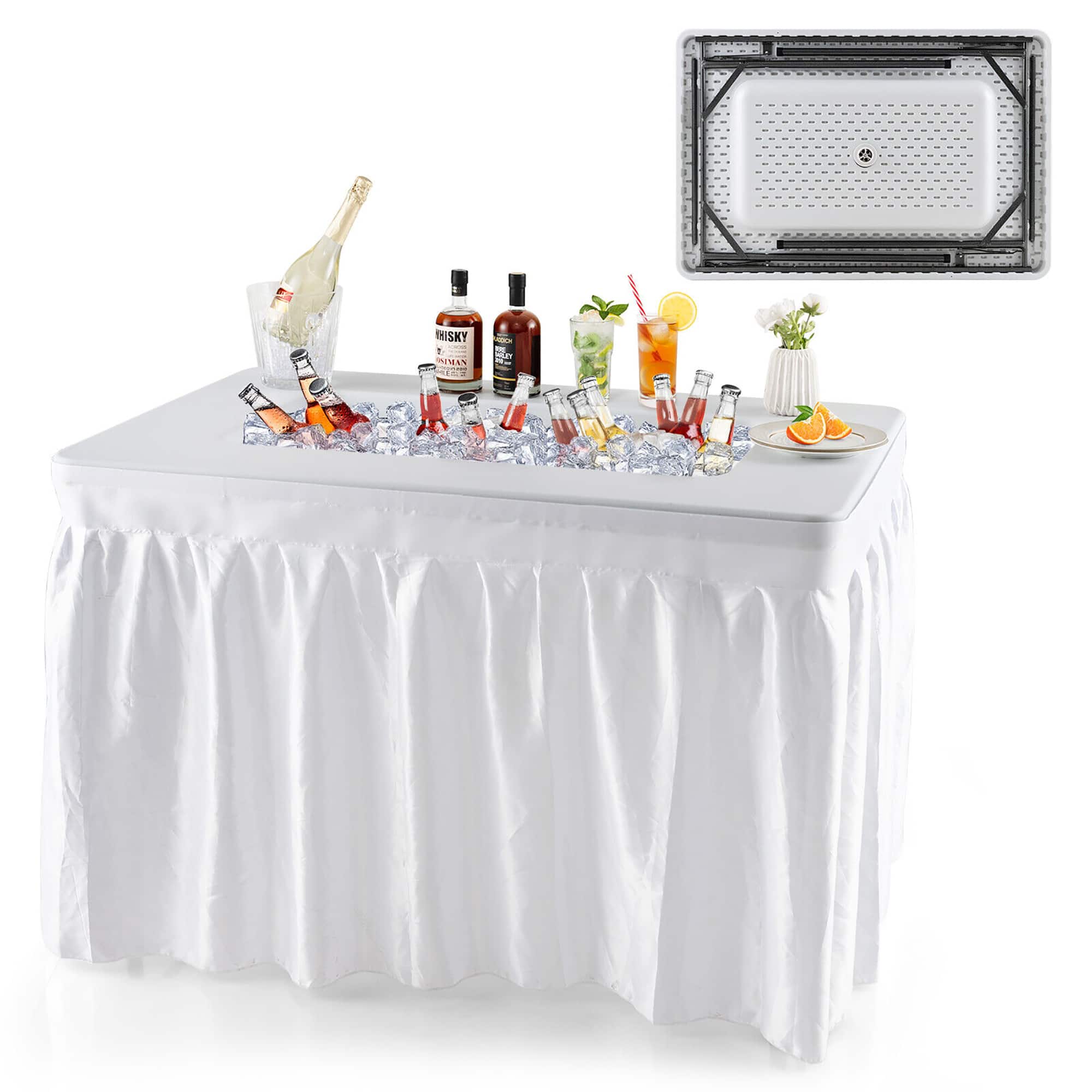 Gymax - 4FT Folding Ice Bin Table Outdoor Ice Cooler Table w/ Matching Skirt Party BBQ - White