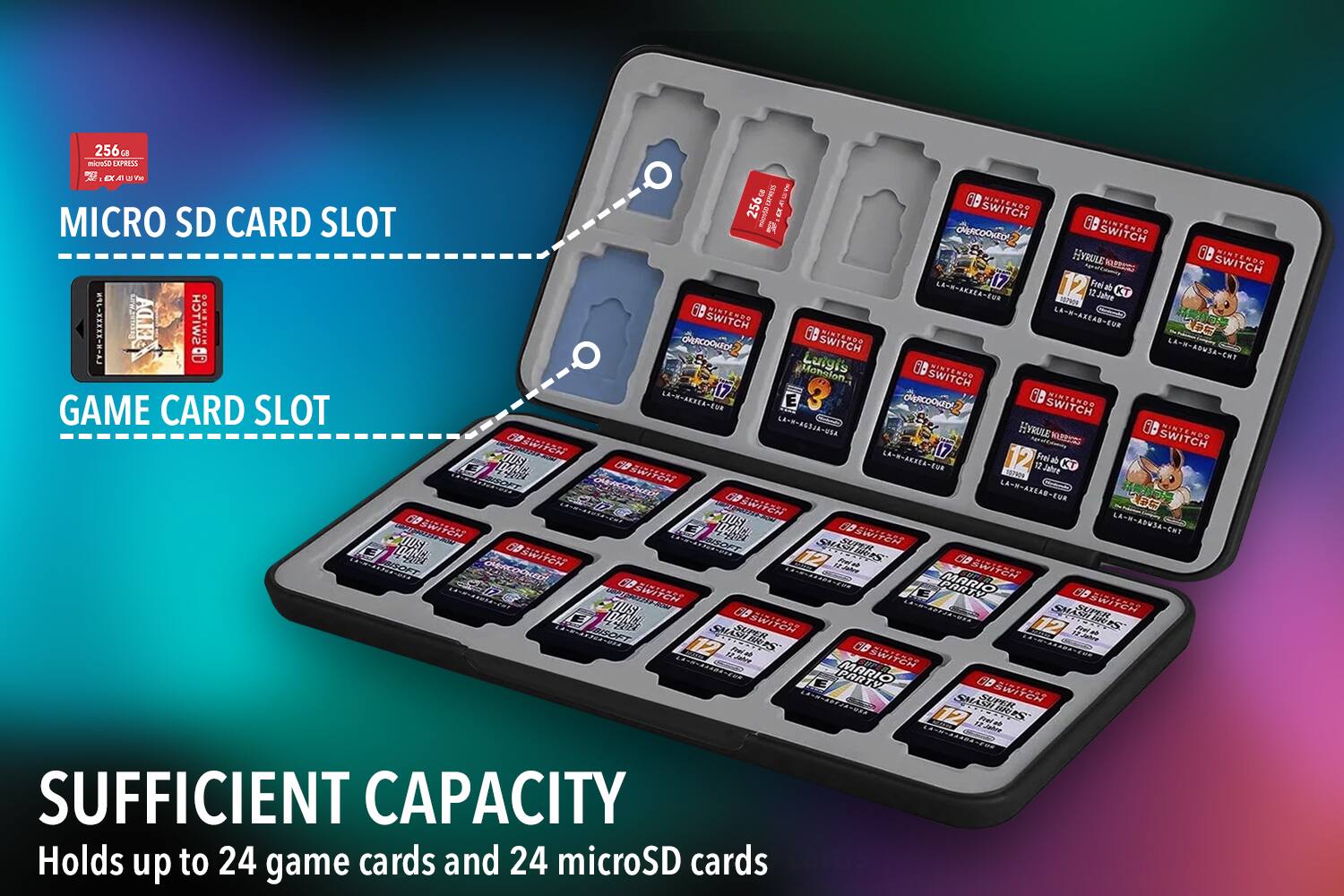 Sure, here is the corrected and grouped text:

---

**MICRO SD CARD SLOT**

**GAME CARD SLOT**

**SUFFICIENT CAPACITY**

Holds up to 24 game cards and 24 microSD cards

---

**256GB microSD EXPRESS**

**256GB microSD EXPRESS**

**256GB microSD EXPRESS**

**256GB microSD EXPRESS**

**256GB microSD EXPRESS**

**256GB microSD EXPRESS**

**256GB microSD EXPRESS**

**256GB microSD EXPRESS**

**256GB microSD EXPRESS**

**256GB microSD EXPRESS**

**256GB microSD EXPRESS**

**256GB microSD EXPRESS**

**256GB microSD EXPRESS**

**256GB microSD EXPRESS**

**256GB microSD EXPRESS**

**256GB microSD EXPRESS**

**256GB microSD EXPRESS**

**256GB microSD EXPRESS**

**256GB microSD EXPRESS**

**256GB microSD EXPRESS**

**256GB microSD EXPRESS**

**256GB microSD EXPRESS**

**256GB microSD EXPRESS**

**