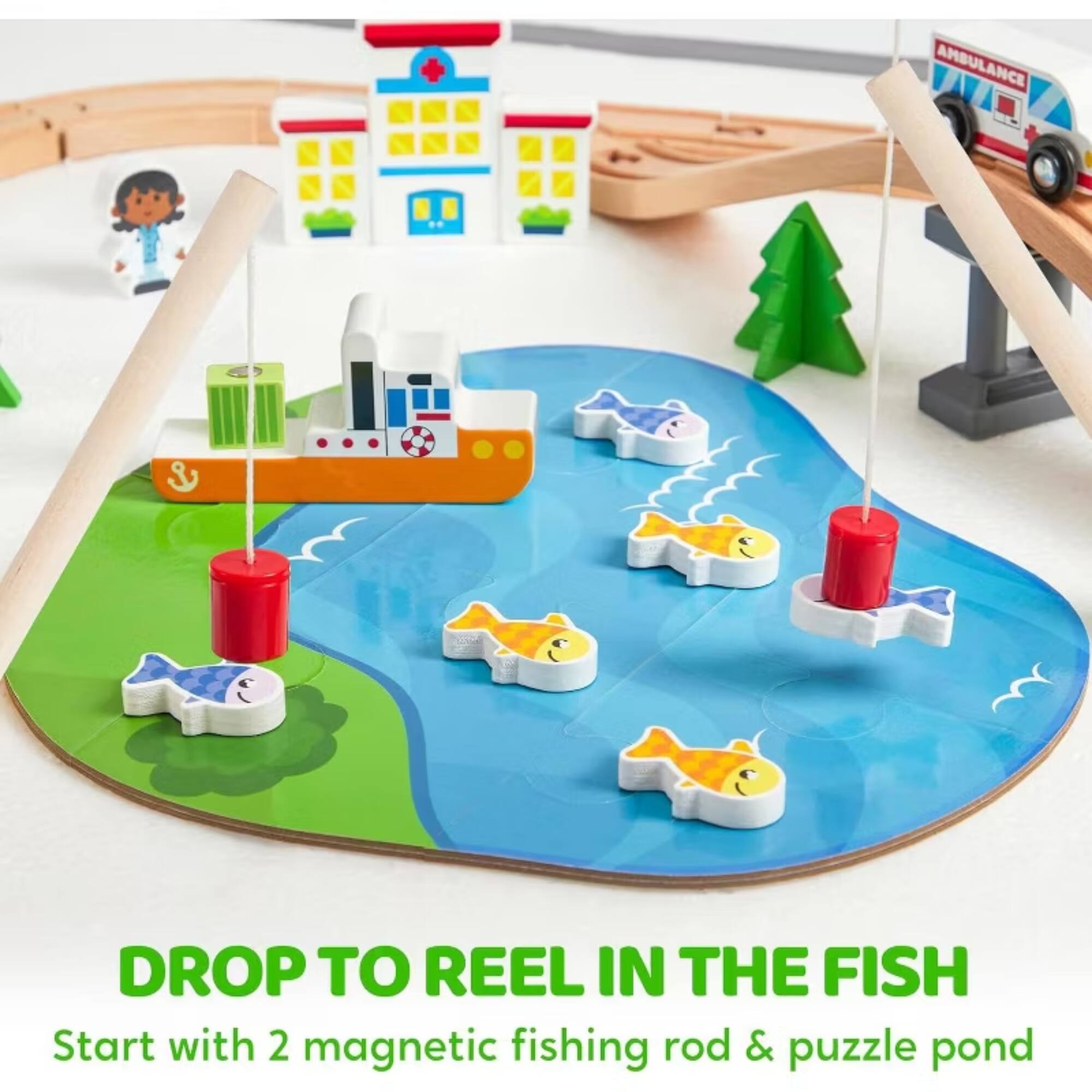 AMBULANCE & DROP TO REEL IN THE FISH  
Start with 2 magnetic fishing rod & puzzle pond