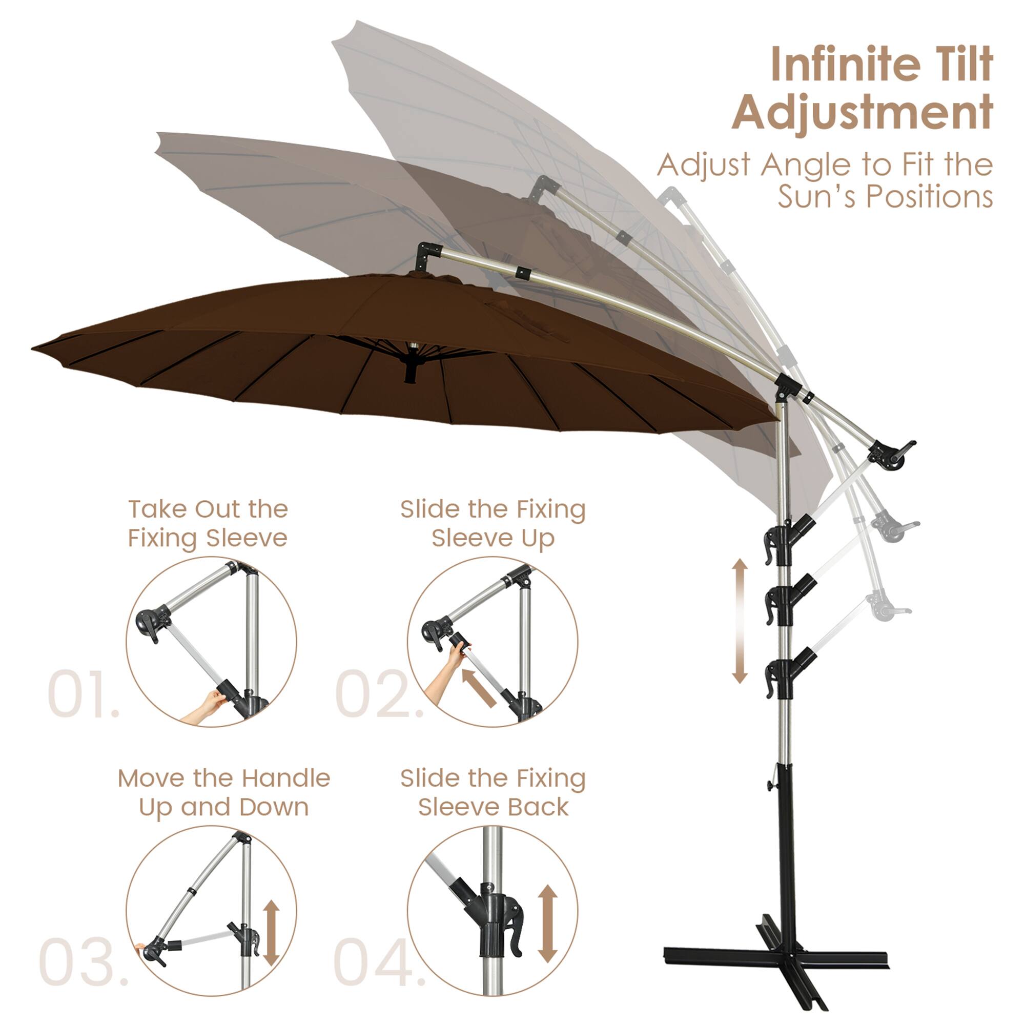 Infinite Tilt Adjustment, Adjust Angle to Fit the Sun's Positions, Take Out the Fixing Sleeve, Slide the Fixing Sleeve Up, Move the Handle Up and Down, Slide the Fixing Sleeve Back