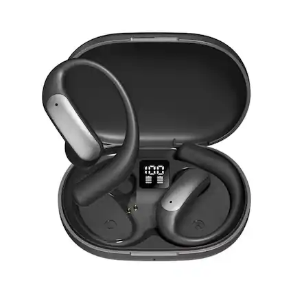 Front. SKRAN - Open-Ear Bluetooth Headphones with Active Noise Cancellation, Digital Display - for Sports, Office, Travel - Black.