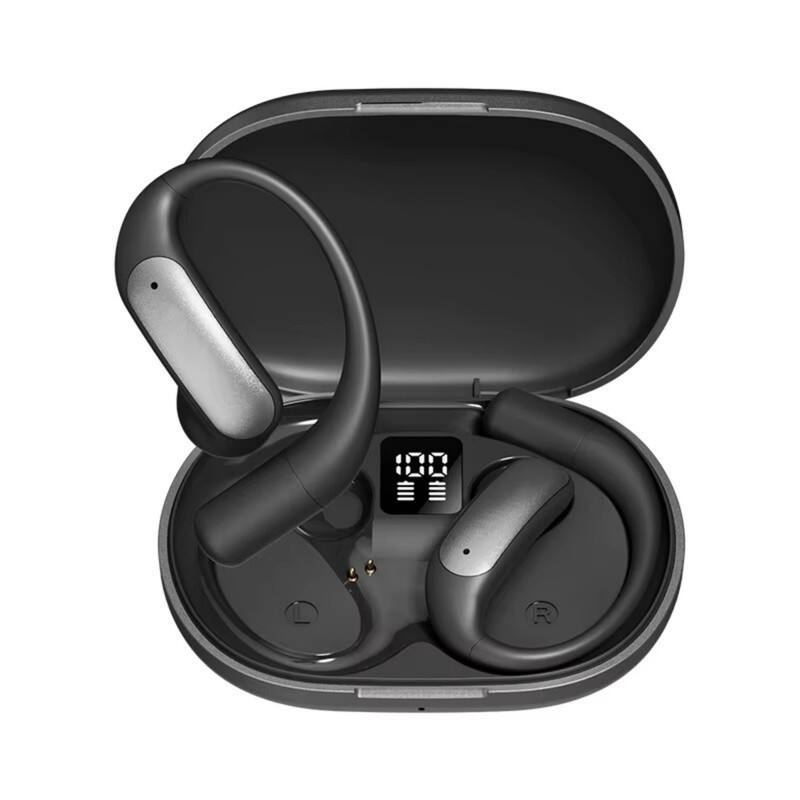 Front. SKRAN - Open-Ear Bluetooth Headphones with Active Noise Cancellation, Digital Display - for Sports, Office, Travel - Black.