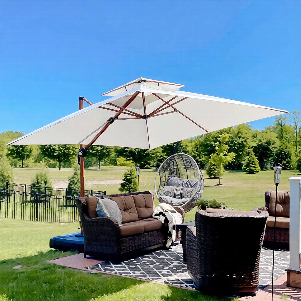 Angle. PURPLE LEAF - 10 ft. Patio Square Outdoor Large Cantilever Umbrella Windproof Offset Heavy Duty Sun Umbrella with Base for Garden - Cream.