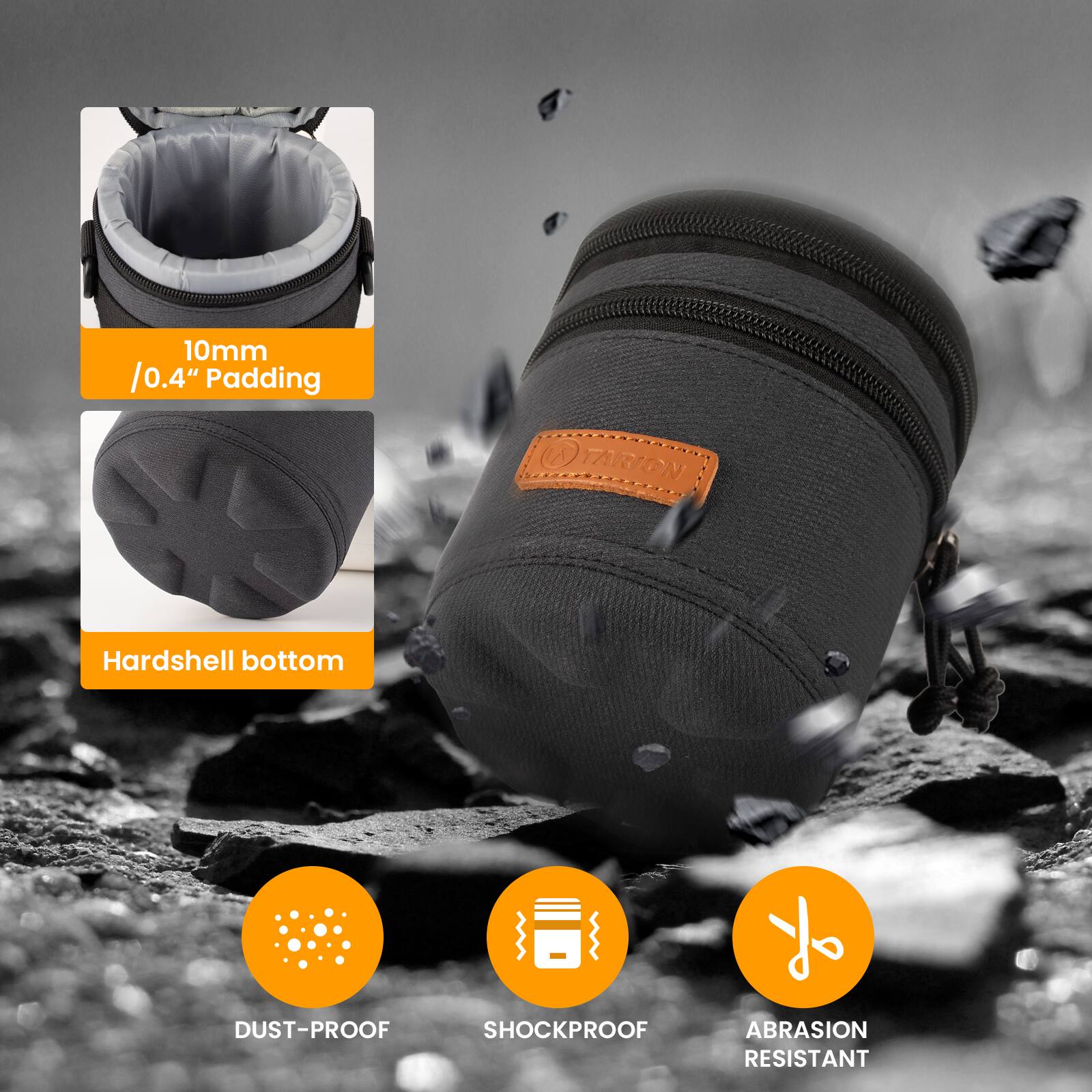 10mm / 0.4" Padding  
Hardshell bottom  
DUST-PROOF  
SHOCKPROOF  
ABRASION RESISTANT