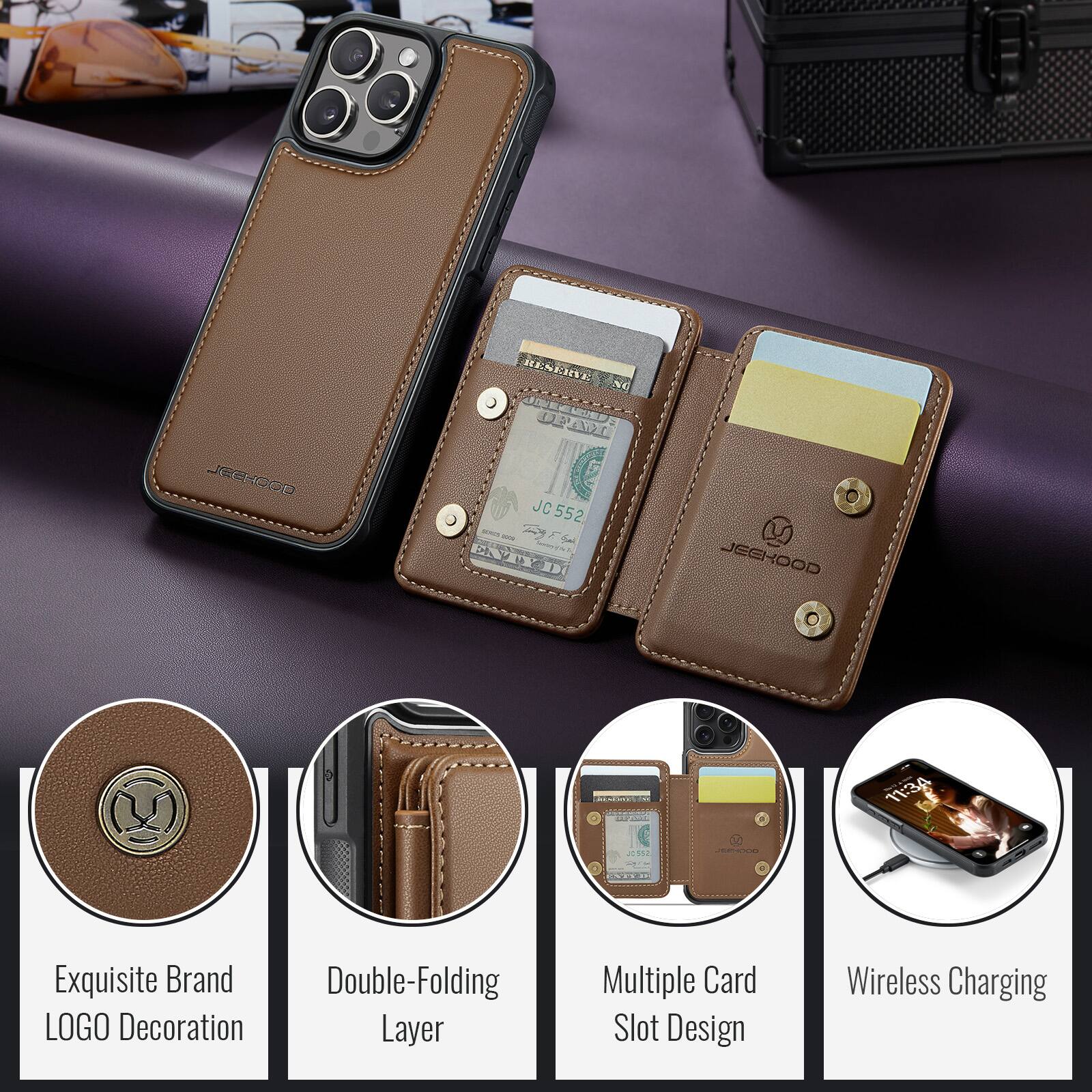 Exquisite Brand Double-Folding LOGO Decoration Layer Multiple Card Slot Design Wireless Charging