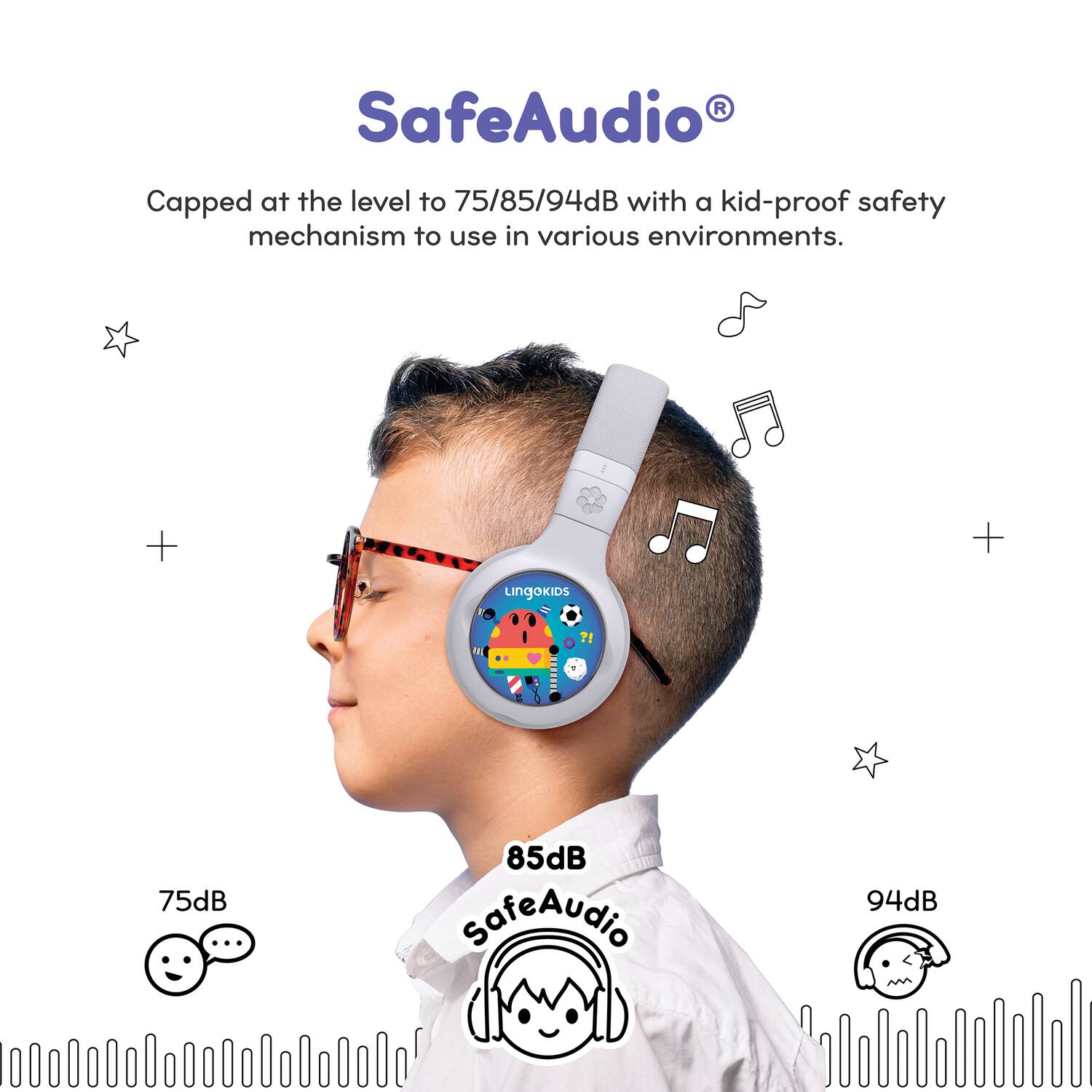 SafeAudio®

Capped at the level to 75/85/94dB with a kid-proof safety mechanism to use in various environments.

75dB

85dB

94dB